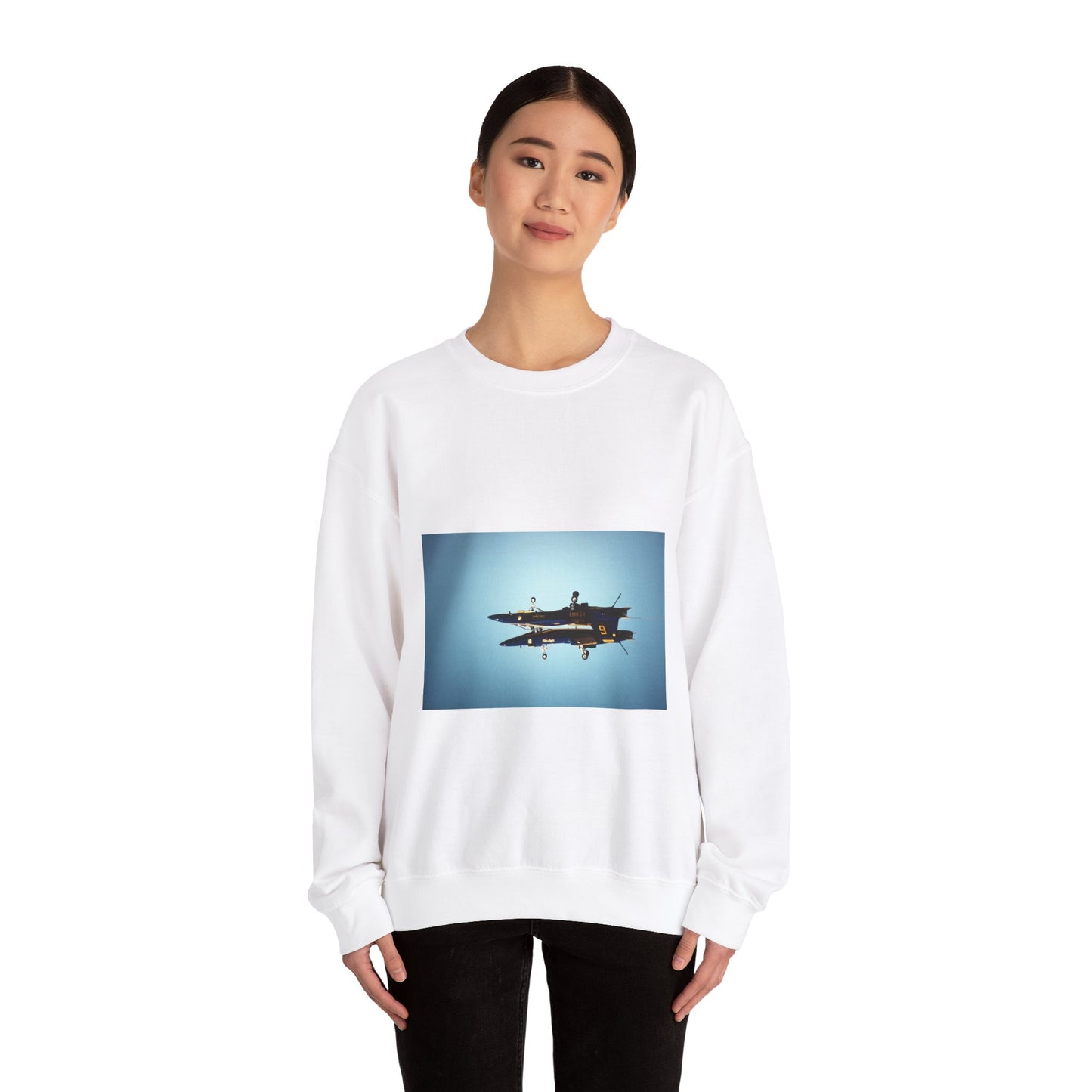 Two F/A-18A Hornet aircraft of the Blue Angels Flight Demonstration Squadron execute the Fortus maneuver during an air show White Heavy Blend Adult Crew Neck SweatShirt