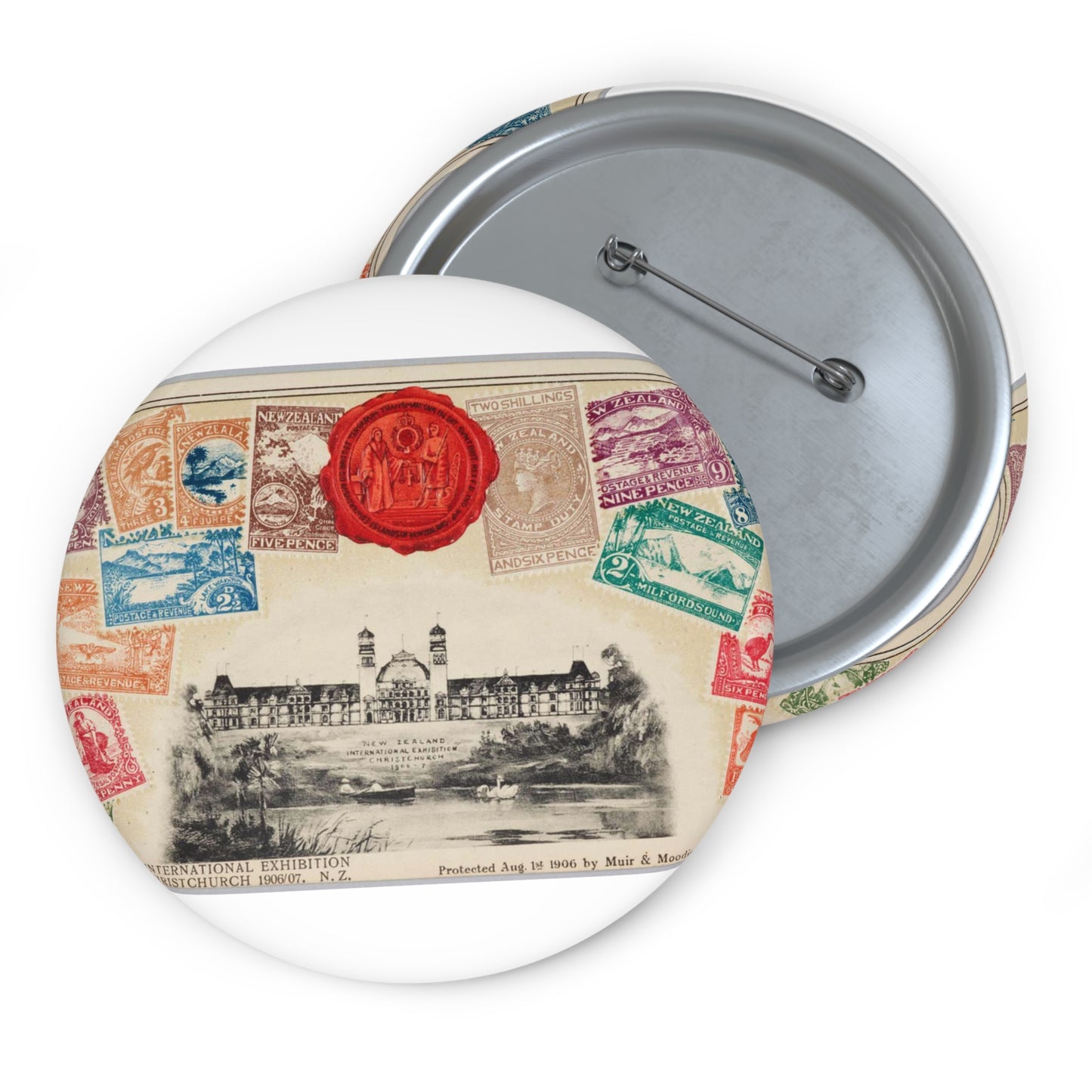 Postcard - postal stamp - Muir & Moodie, New Zealand Pin Buttons with Crisp Design
