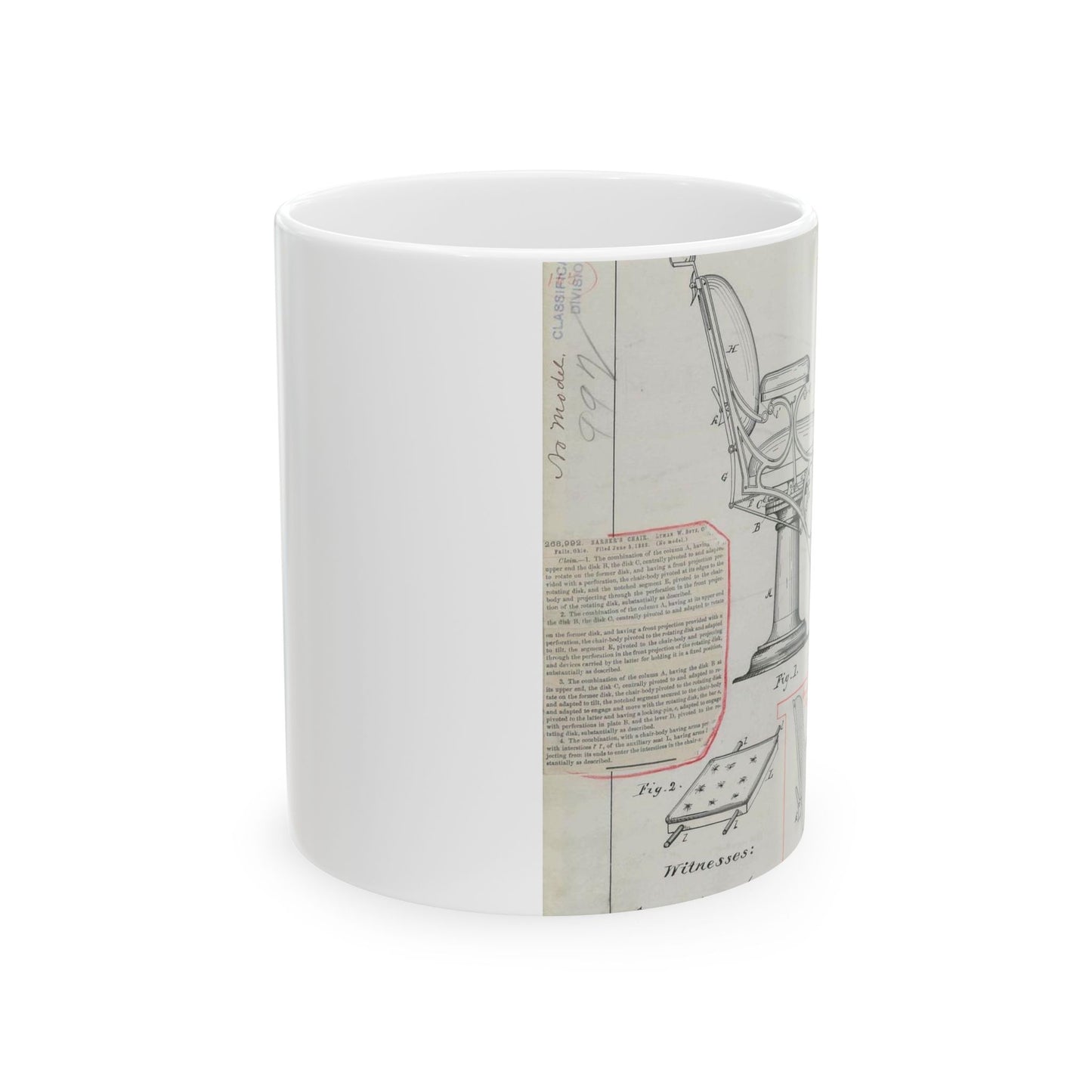 Patent drawing - for L. W. Boys' Barber's Chair Public domain image Beautiful Novelty Ceramic Coffee Mug 11oz