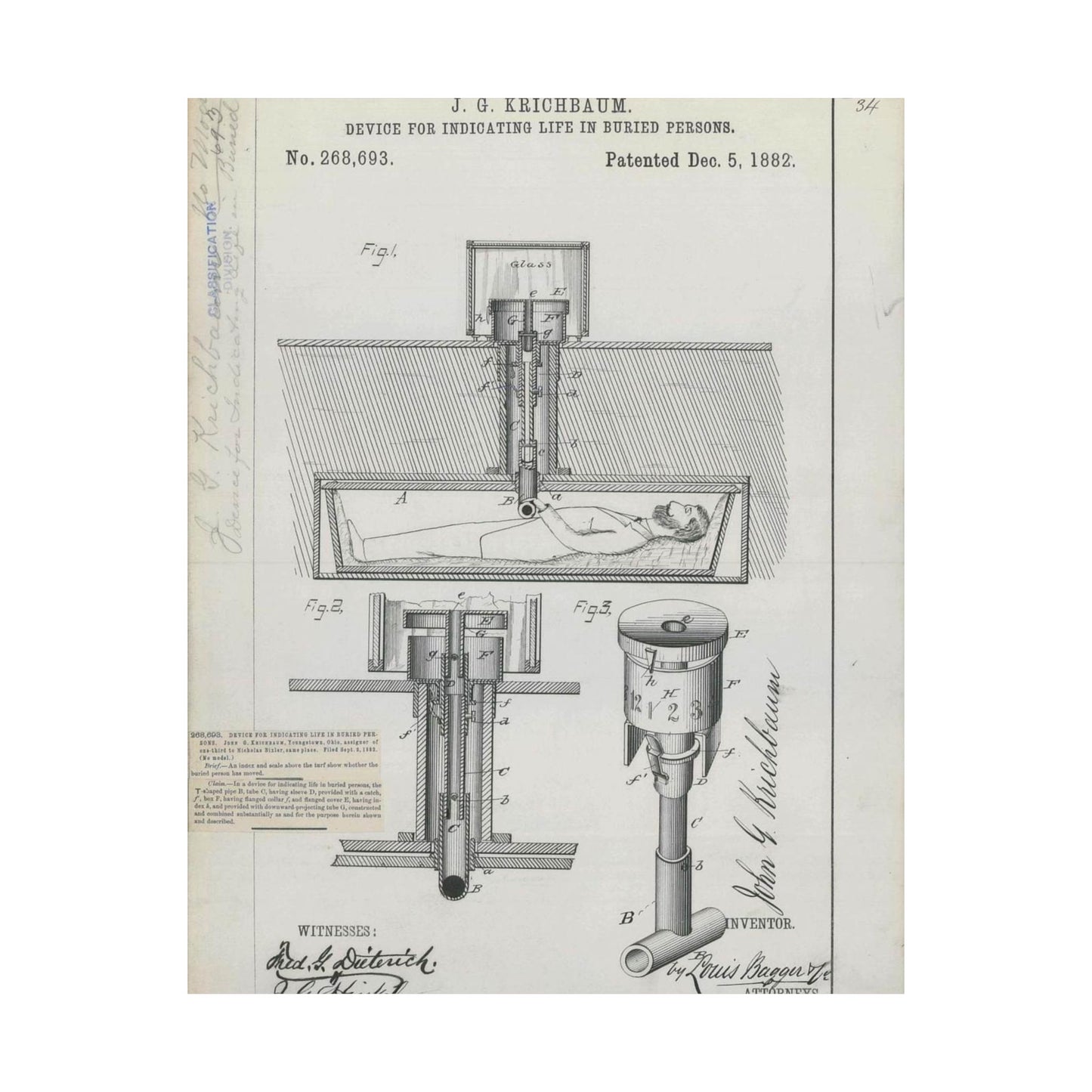 Patent drawing - for J. G. Krichbaum's Device for Indicating Life in Buried Persons Public domain image High Quality Matte Wall Art Poster for Home, Office, Classroom