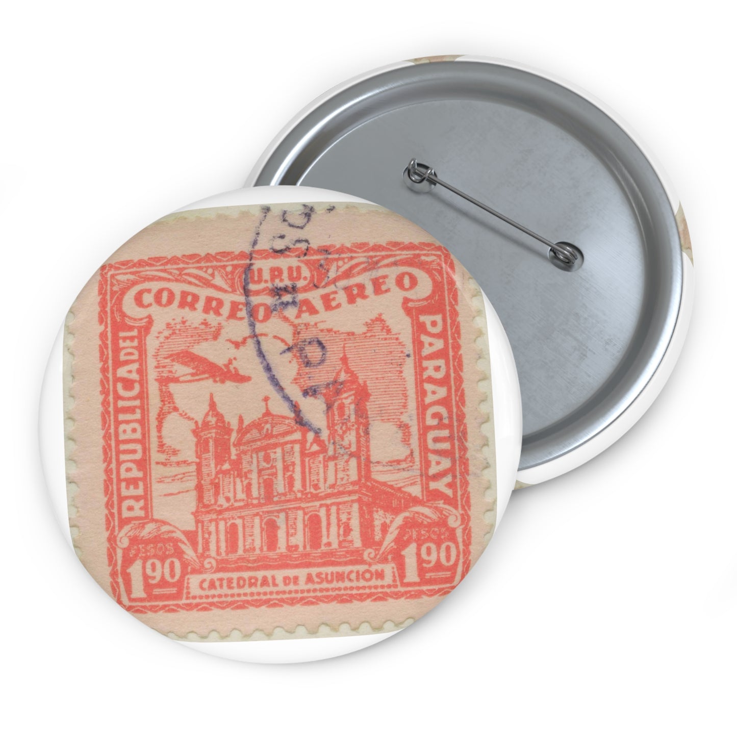 Frimärke ur Gösta Bodmans filatelistiska motivsamling, påbörjad 1950.Frimärke från Papaguay, 1930. Motiv av katedralen Asinción. Pin Buttons with Crisp Design