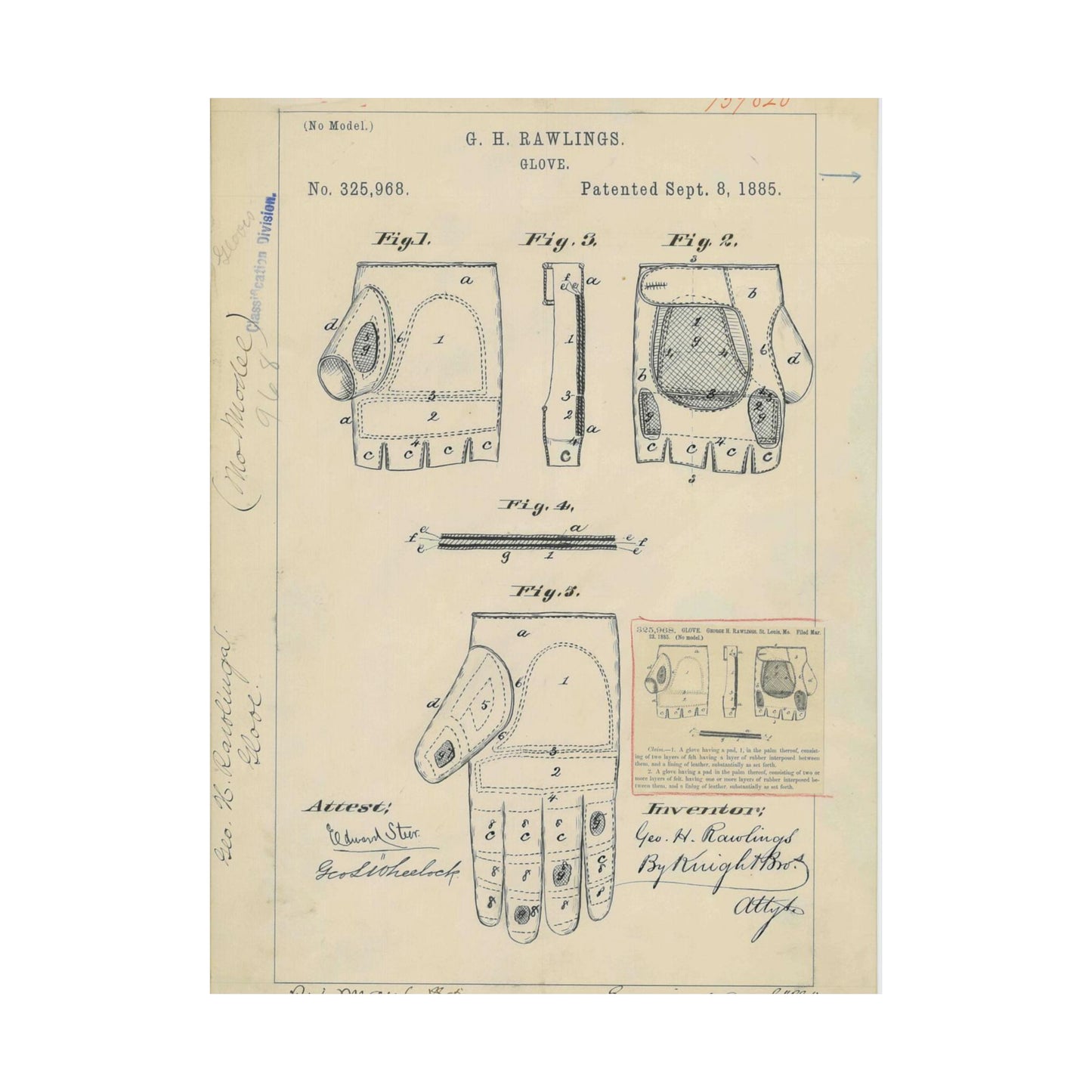 Patent drawing - Drawing for a "Base Ball Glove" Public domain image High Quality Matte Wall Art Poster for Home, Office, Classroom