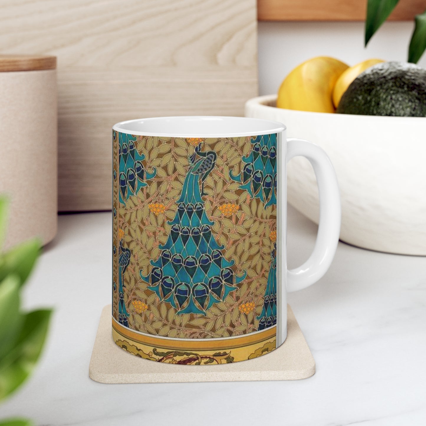 Paons dans les sorbiers, pochoir; poissons et algues, bordure Beautiful Novelty Ceramic Coffee Mug 11oz