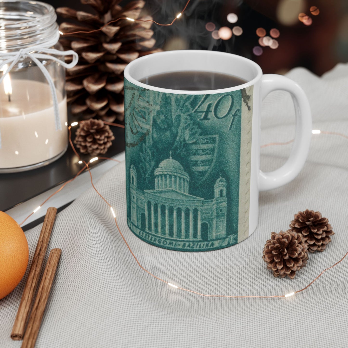 Frimärke ur Gösta Bodmans filatelistiska motivsamling, påbörjad 1950.Frimärke från Ungern, 1939. Motiv av Basilikan i Eszergom. Beautiful Novelty Ceramic Coffee Mug 11oz