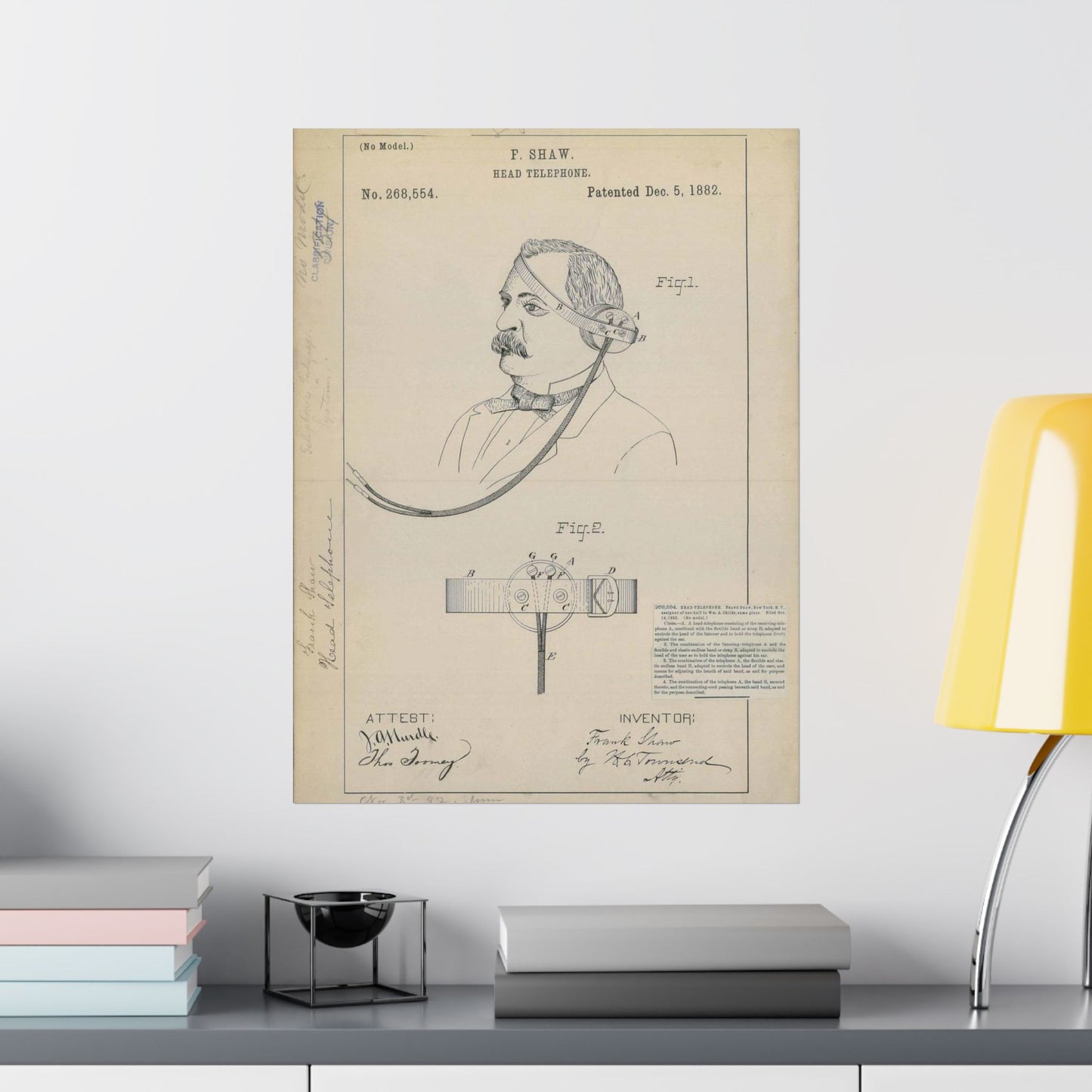 Patent drawing - for F. Shaw's Head Telephone Public domain image High Quality Matte Wall Art Poster for Home, Office, Classroom