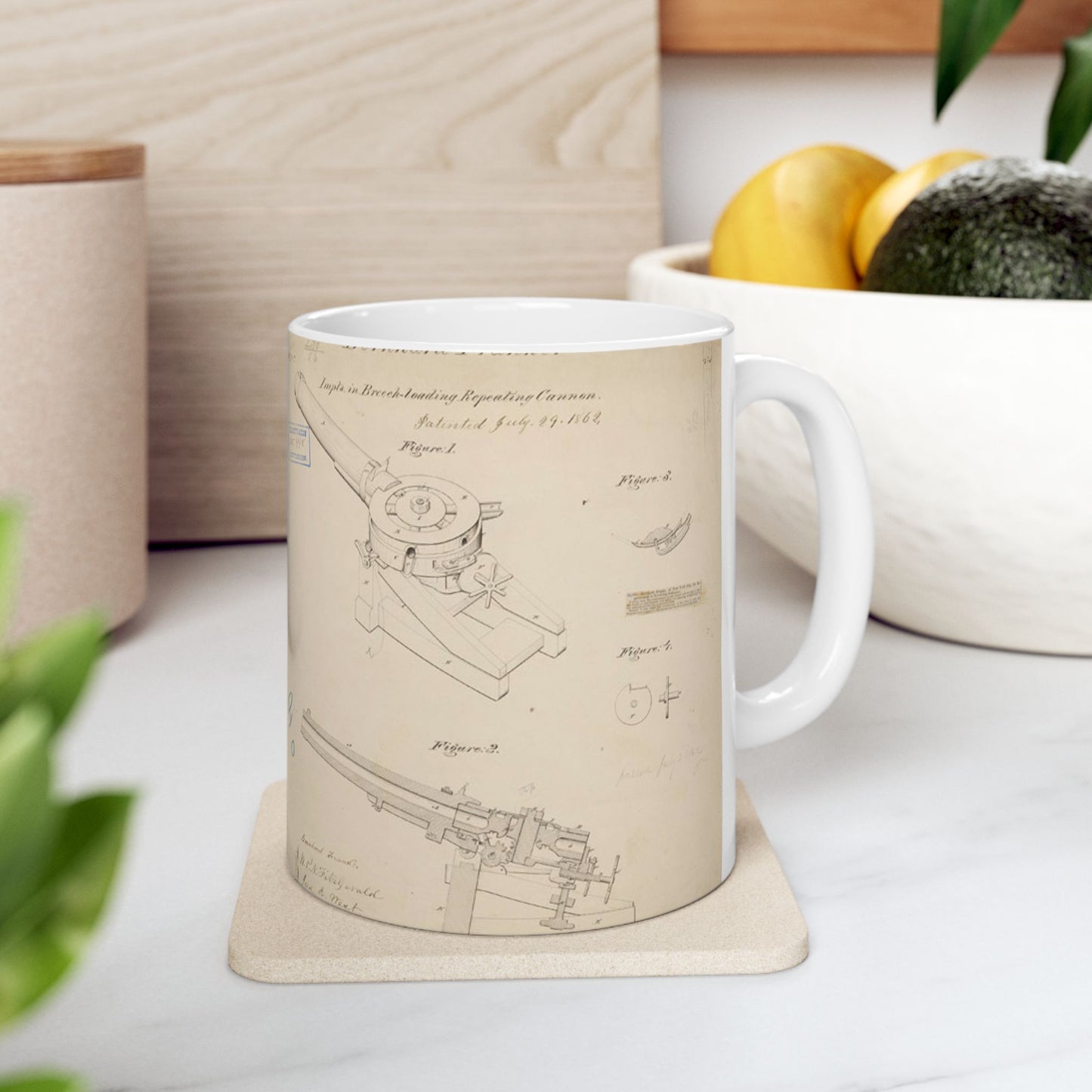 Patent drawing - Drawing of Improvements in Breech-Loading Repeating Cannon Public domain image Beautiful Novelty Ceramic Coffee Mug 11oz