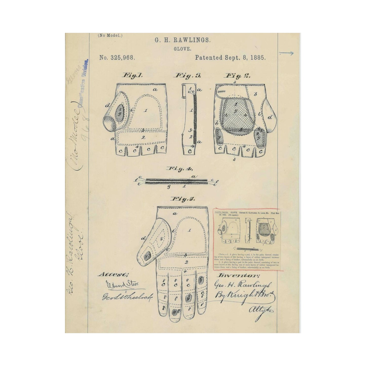 Patent drawing - Drawing for a "Base Ball Glove" Public domain image High Quality Matte Wall Art Poster for Home, Office, Classroom