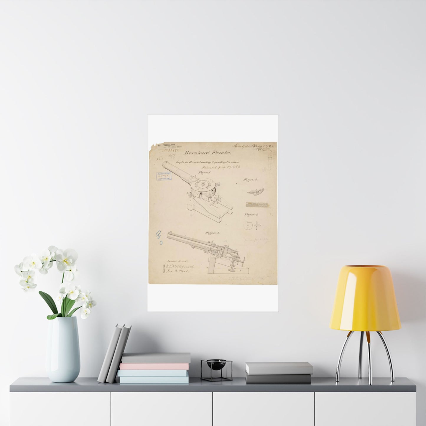Patent drawing - Drawing of Improvements in Breech-Loading Repeating Cannon Public domain image High Quality Matte Wall Art Poster for Home, Office, Classroom