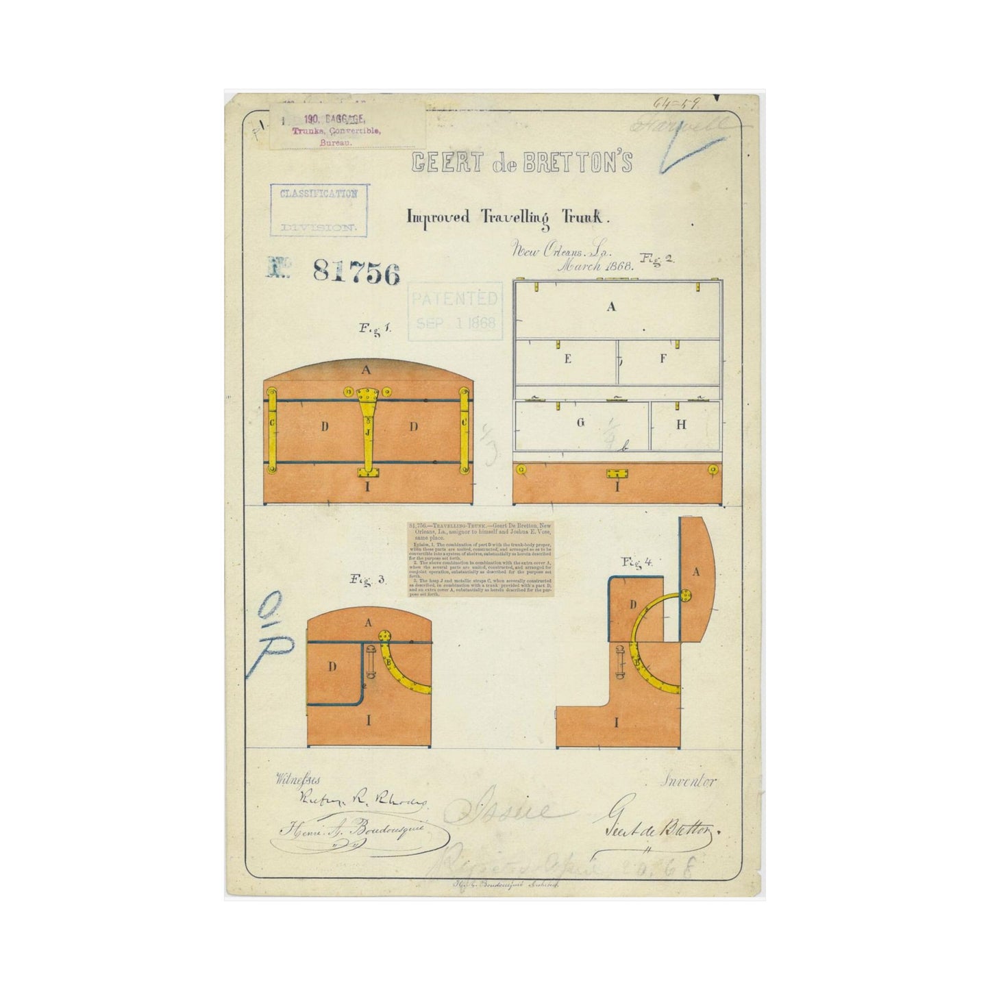Patent drawing - Drawing of an Improved Traveling Trunk Public domain image High Quality Matte Wall Art Poster for Home, Office, Classroom