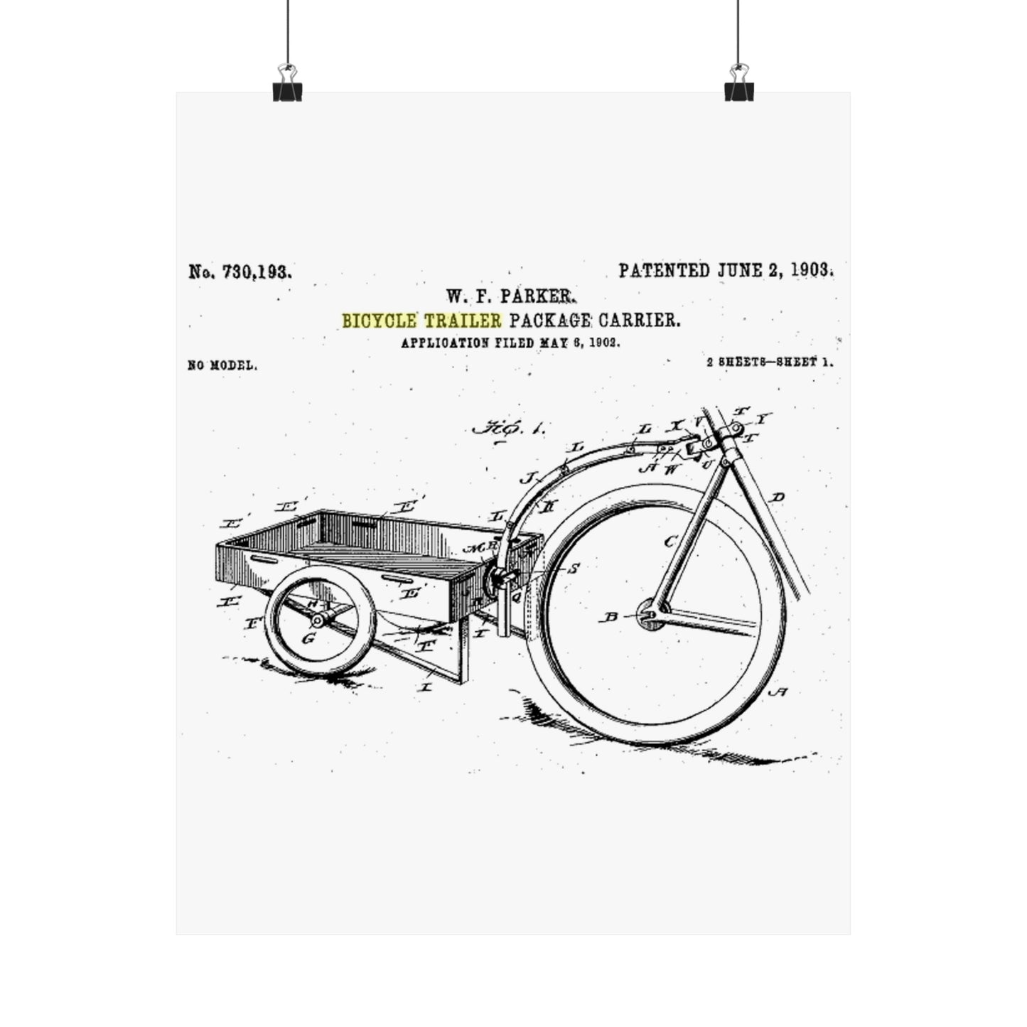 Patent Drawing of Engine - Bicycle Trailer Patent (1903) Public domain image High Quality Matte Wall Art Poster for Home, Office, Classroom