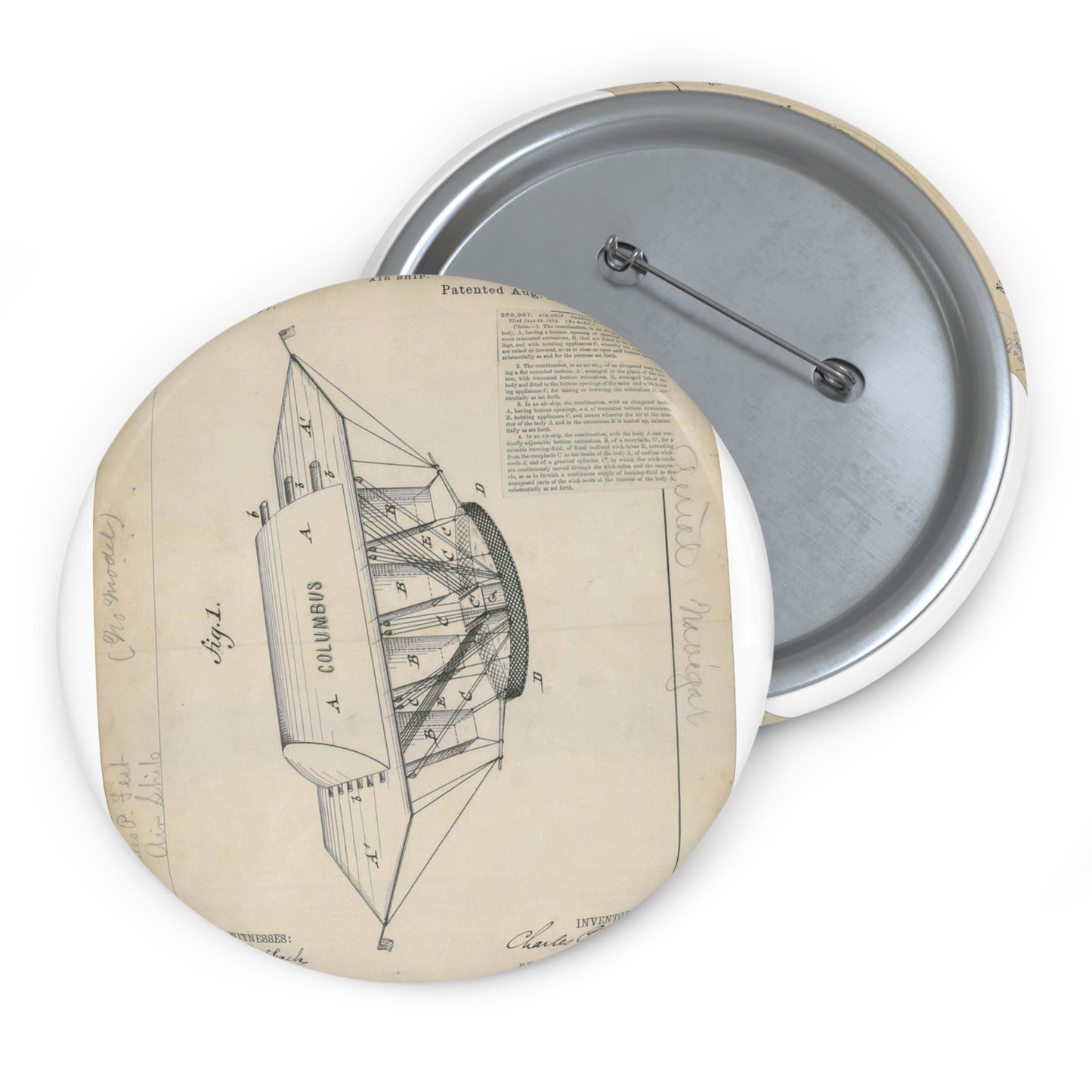 Patent drawing - for C. P. Fest's Air Ship Public domain image Pin Buttons with Crisp Design