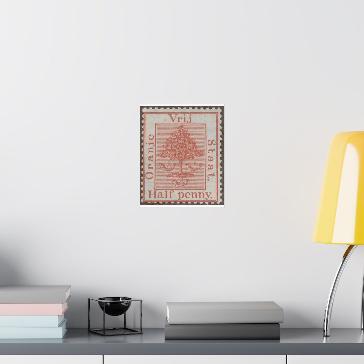 Frimärke ur Gösta Bodmans filatelistiska motivsamling, påbörjad 1950.Frimärke från Oranje -Fristaten. Motiv av apelsinträd med frukter och posthorn. High Quality Matte Wall Art Poster for Home, Office, Classroom