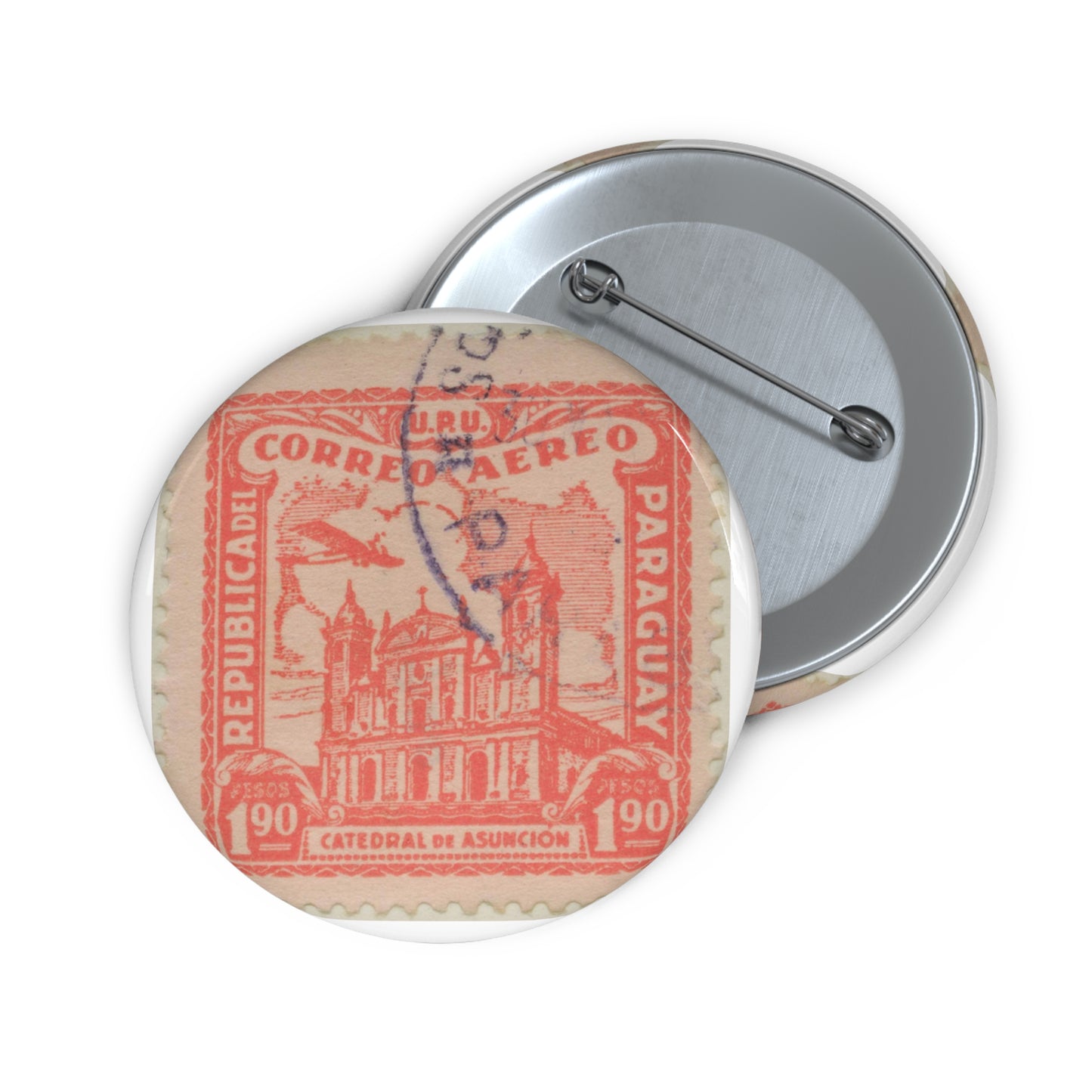 Frimärke ur Gösta Bodmans filatelistiska motivsamling, påbörjad 1950.Frimärke från Papaguay, 1930. Motiv av katedralen Asinción. Pin Buttons with Crisp Design