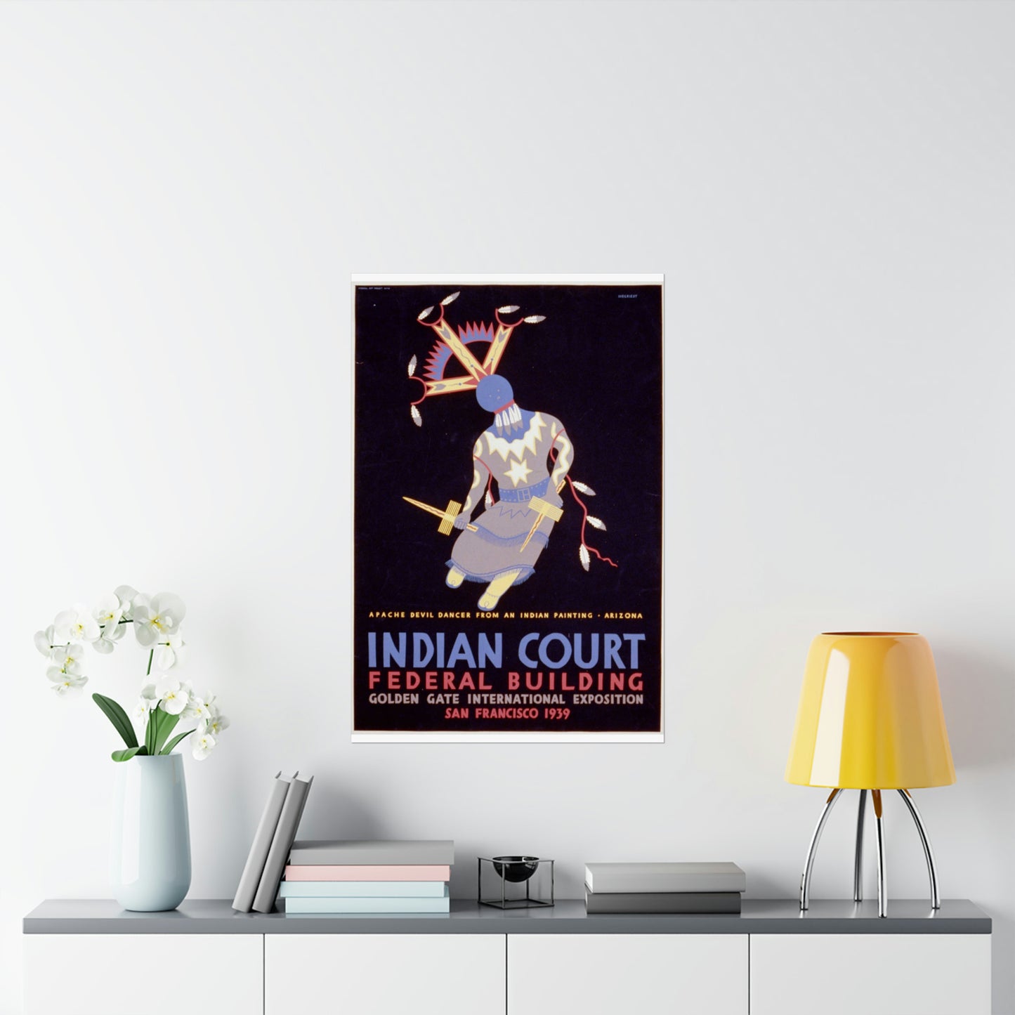 Indian court, Federal Building, Golden Gate International Exposition, San Francisco, 1939 Apache devil dancer from an Indian painting, Arizona / / Siegriest. High Quality Matte Wall Art Poster for Home, Office, Classroom