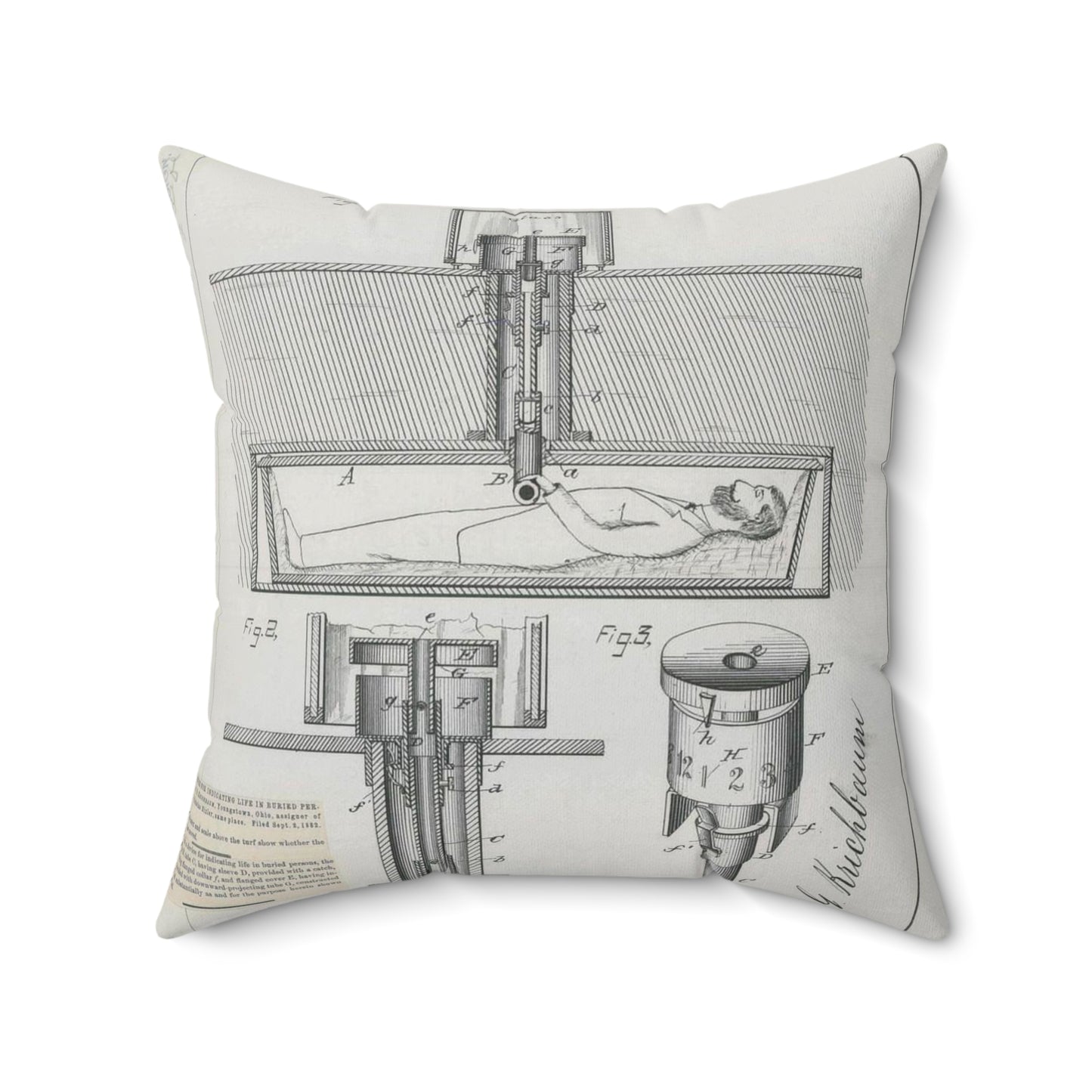 Patent drawing - for J. G. Krichbaum's Device for Indicating Life in Buried Persons Public domain image Decorative Accent Square Pillow