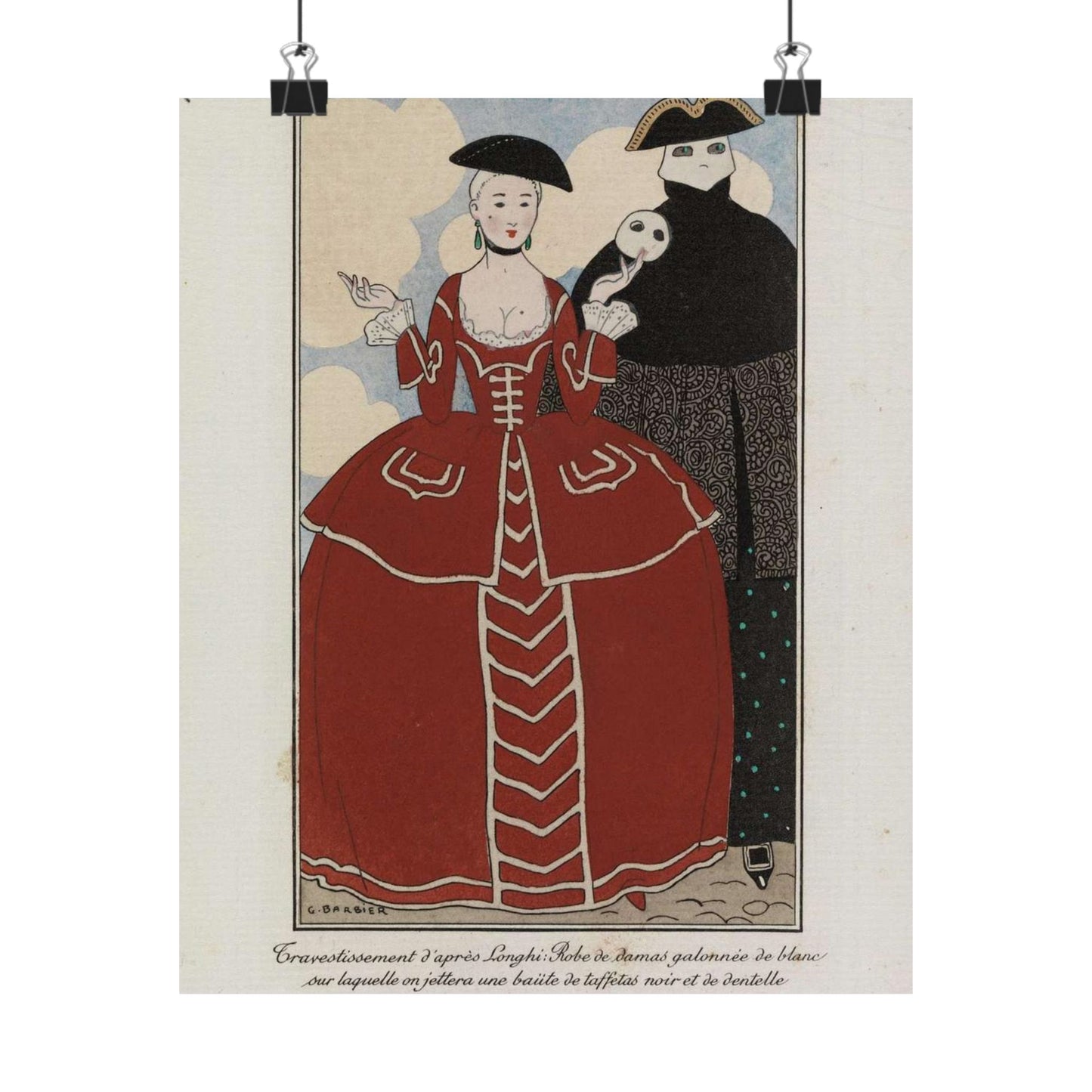 Fancy dress (Travestissement d'aprés Longhi - Robe de damas galonnée de blanc sur laquelle on jettera une baiite de taffetas noir et de dentelle) (CBL WEp 0847) High Quality Matte Wall Art Poster for Home, Office, Classroom