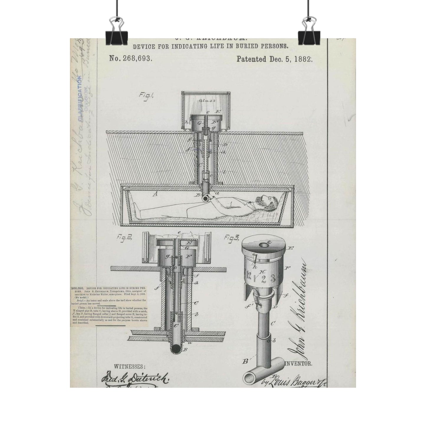 Patent drawing - for J. G. Krichbaum's Device for Indicating Life in Buried Persons Public domain image High Quality Matte Wall Art Poster for Home, Office, Classroom
