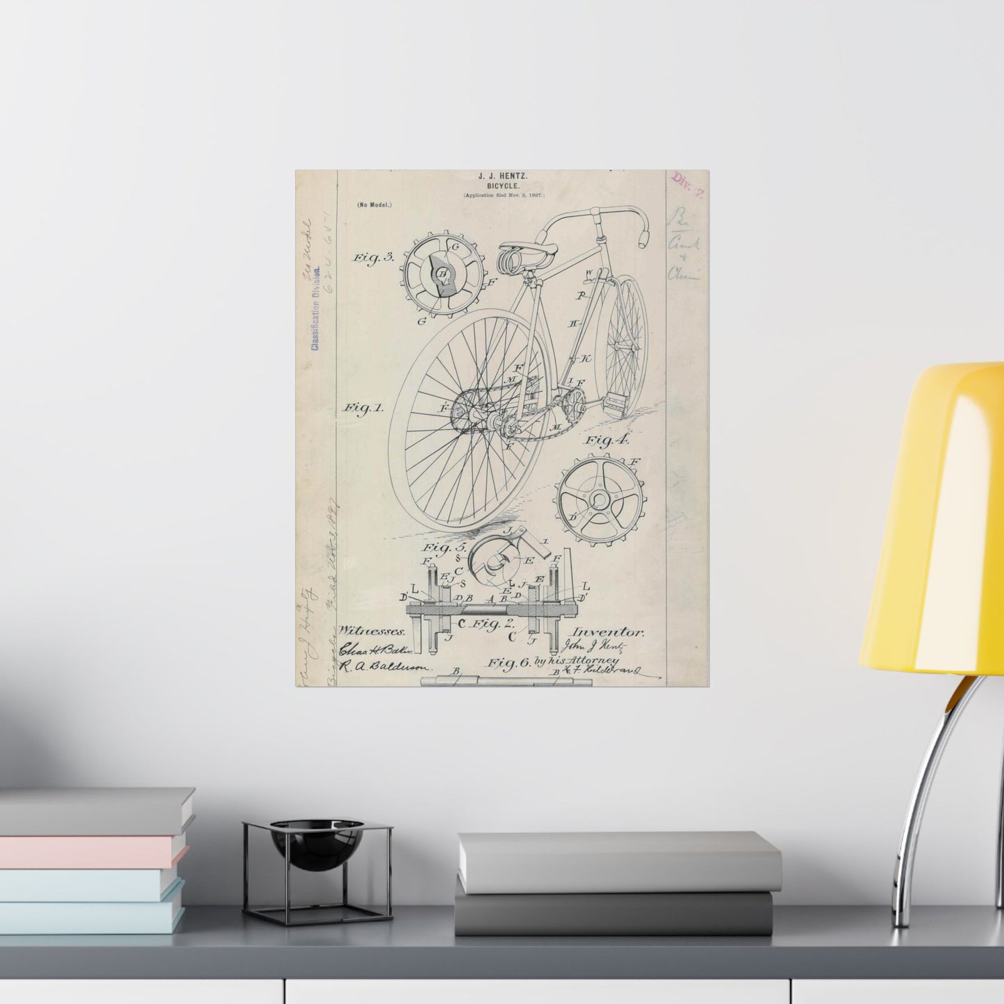 Patent drawing - for J. J. Hentz' Bicycle Public domain image High Quality Matte Wall Art Poster for Home, Office, Classroom