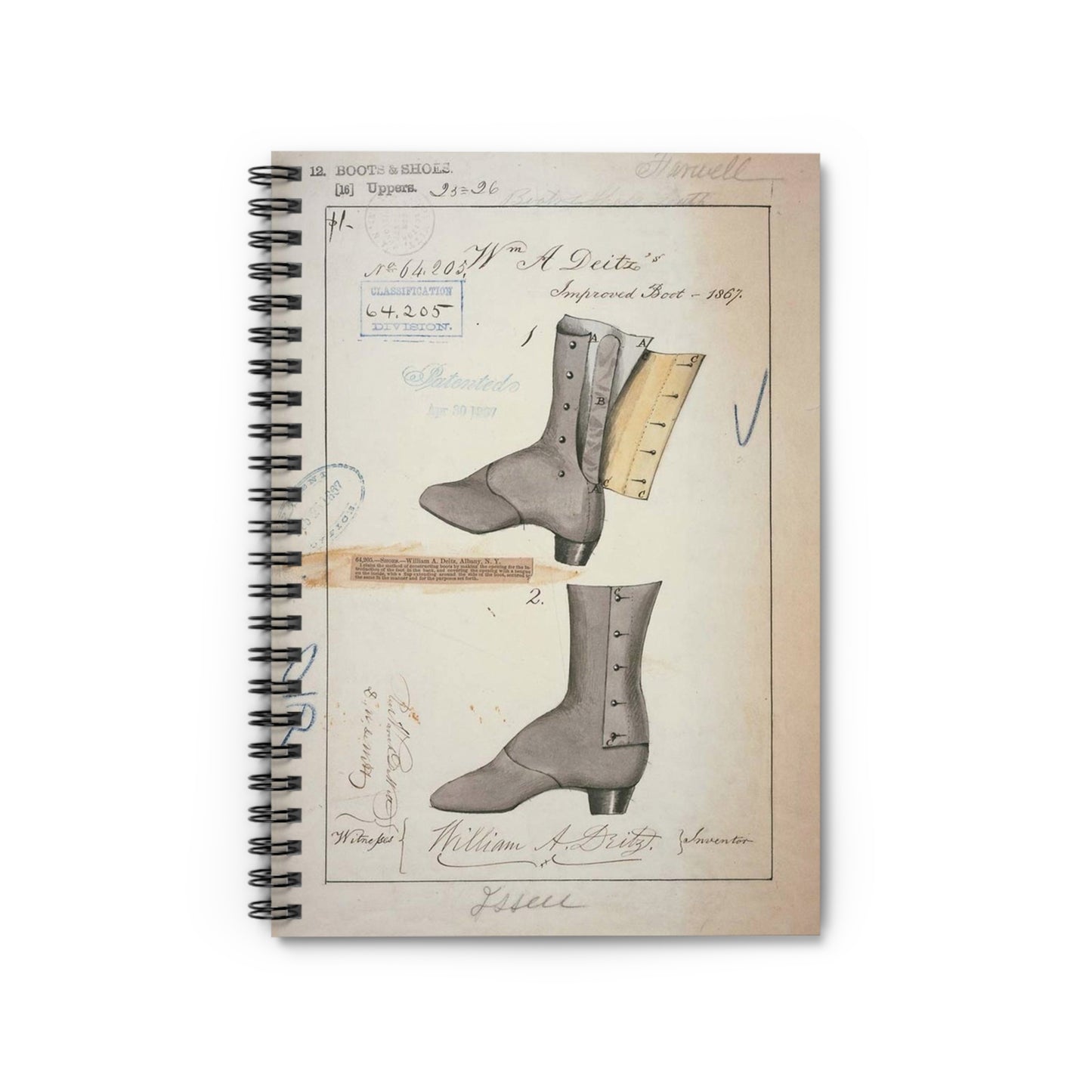 Patent drawing - Drawing of Improved Boot Public domain image Spiral Bound Ruled Notebook with Printed Cover
