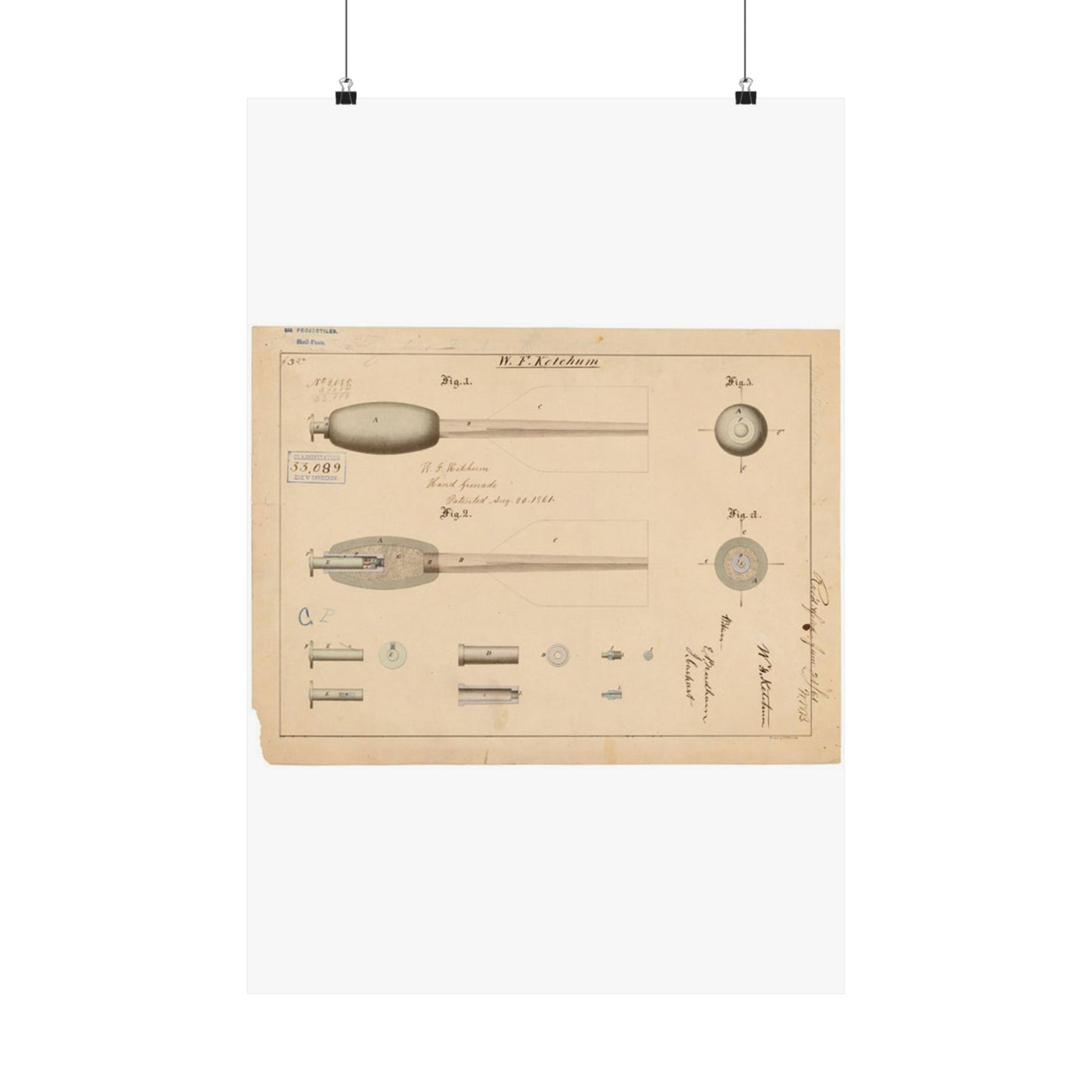 Patent Drawing of Engine - Drawing of Hand Grenade Public domain image High Quality Matte Wall Art Poster for Home, Office, Classroom