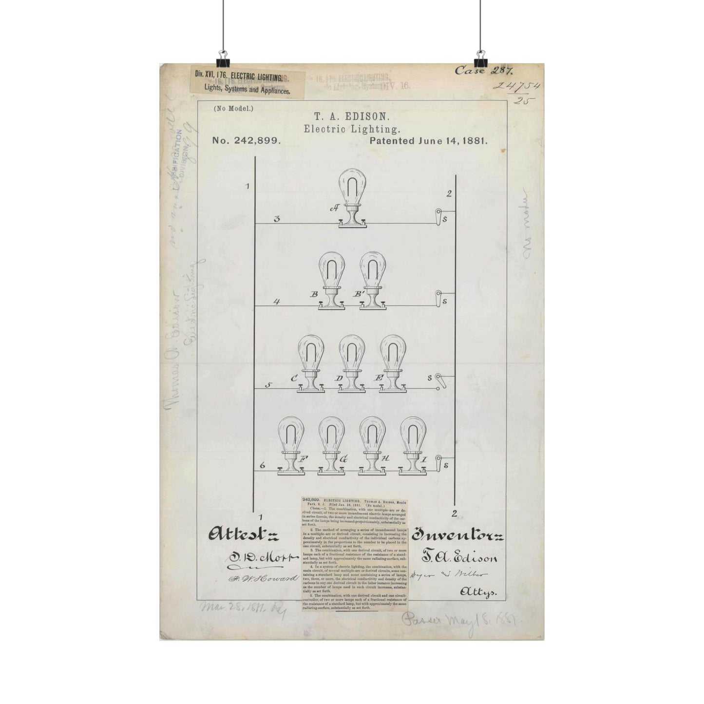 Patent drawing - for T. A. Edison's Electric Lighting Public domain image High Quality Matte Wall Art Poster for Home, Office, Classroom