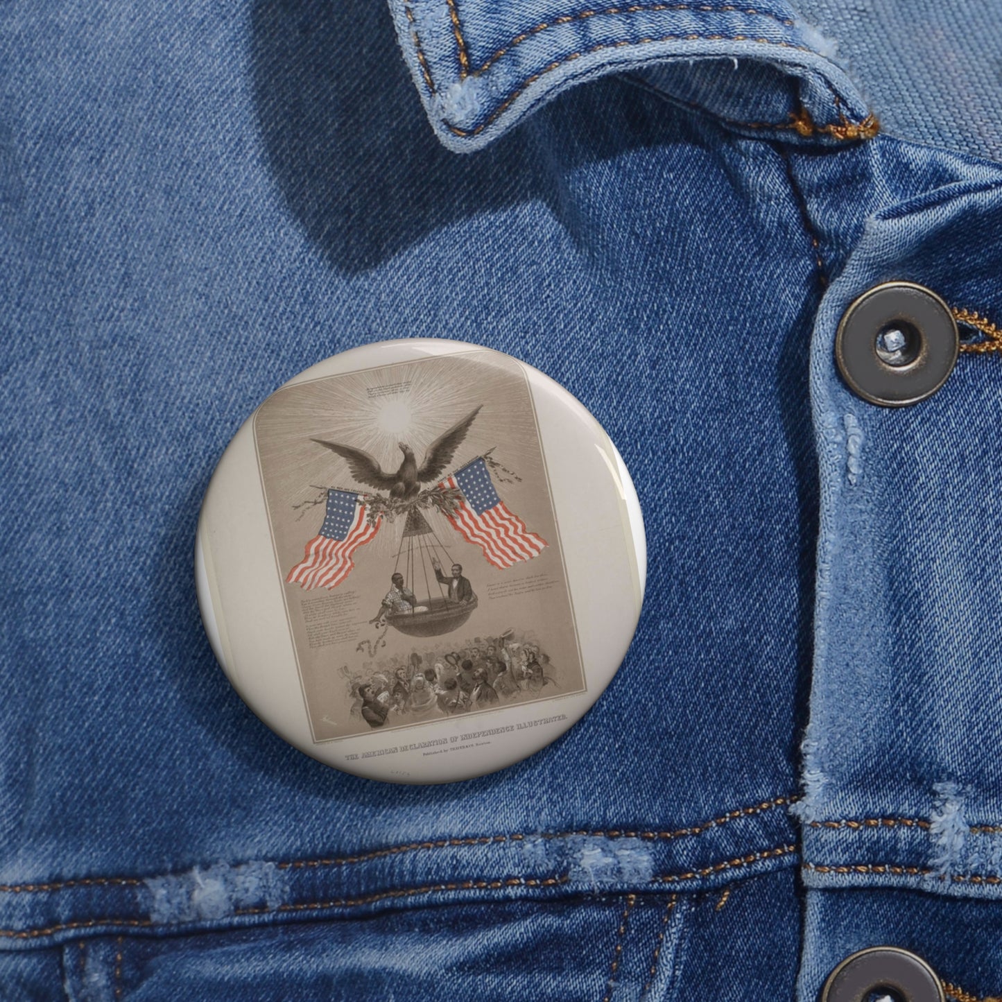 The American Declaration of Independence illustrated / Fabronious ; designed by R. Thayer ; L. Prang & Co. Lith., Boston. Pin Buttons with Crisp Design