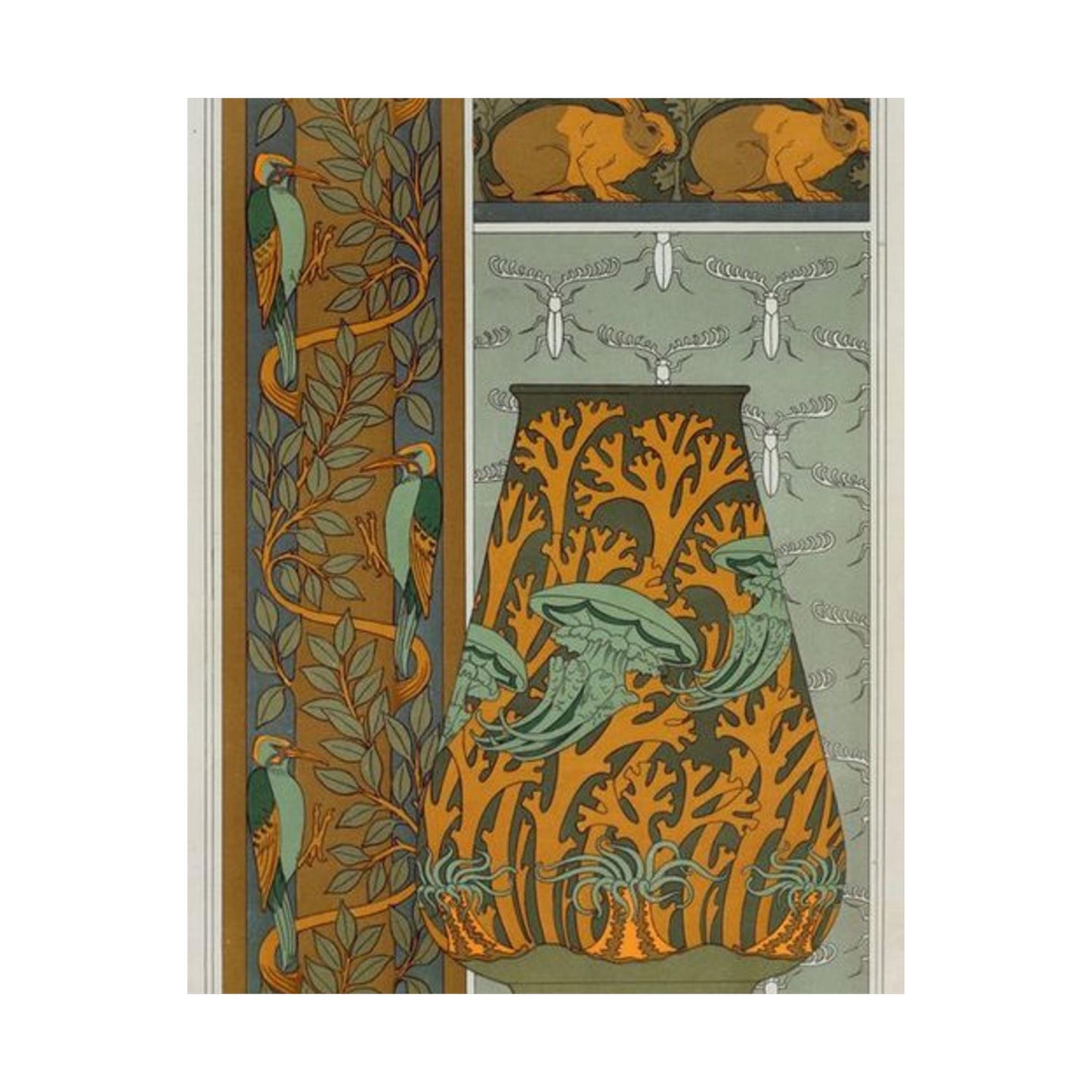 Piverts et arbre, bordure verticale. Lapins et feuilles, bordure. Méduses, anémones de mer et algues, vase. Insectes, jeu de fond. High Quality Matte Wall Art Poster for Home, Office, Classroom
