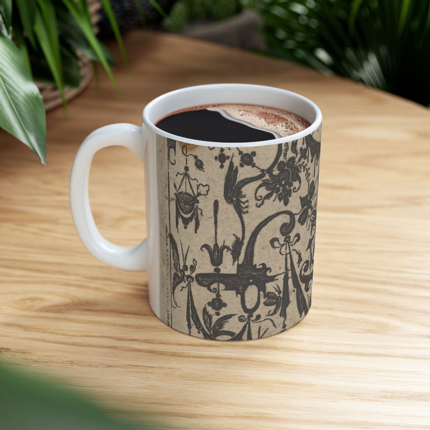 Blackwork Print with a Trophy at Center Surrounded by Grotesques and Swag Drapery Beautiful Novelty Ceramic Coffee Mug 11oz