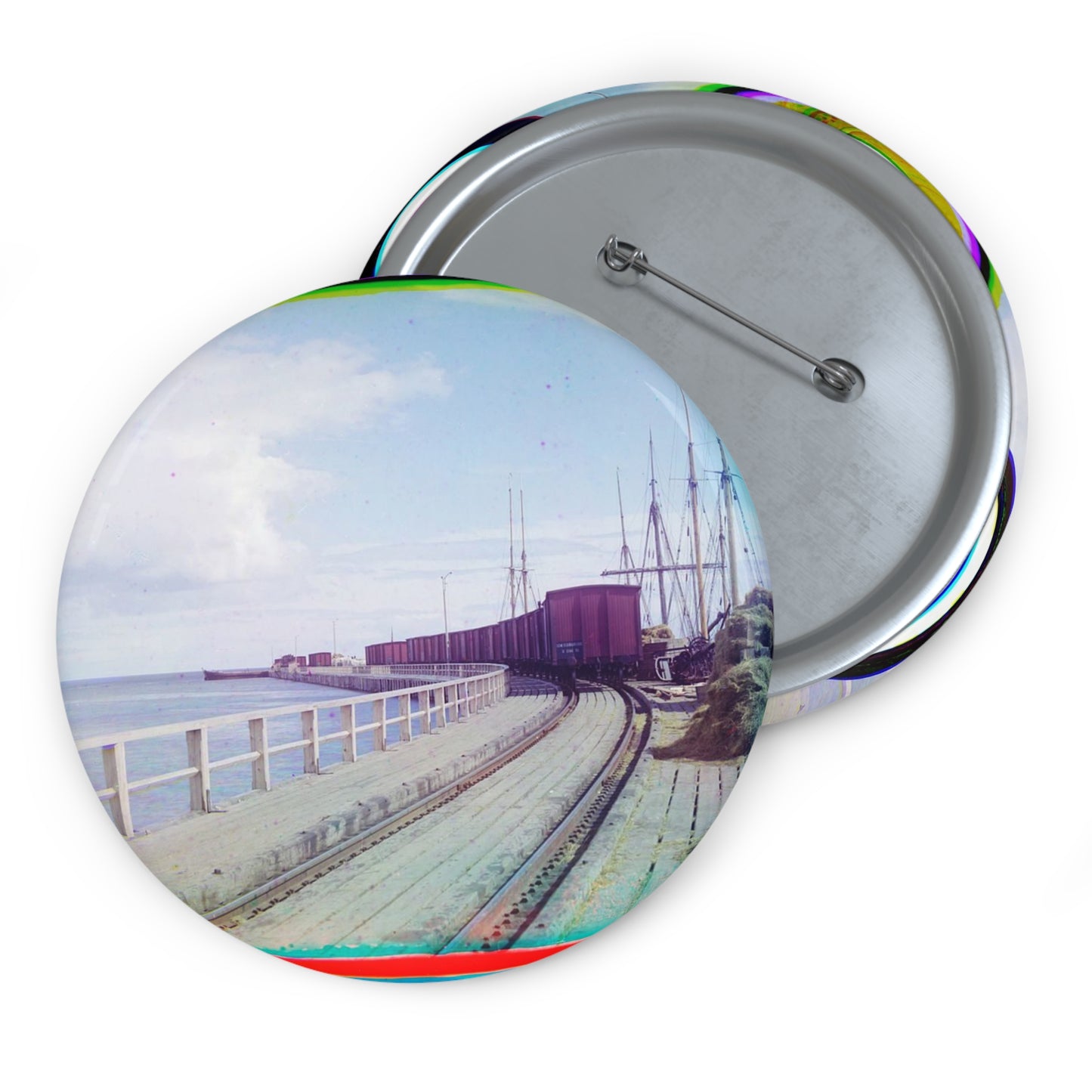 Sorochya Bay. Railroad dam in the Soroka inlet. Arkhangelsk Province, Russia. Pin Buttons with Crisp Design
