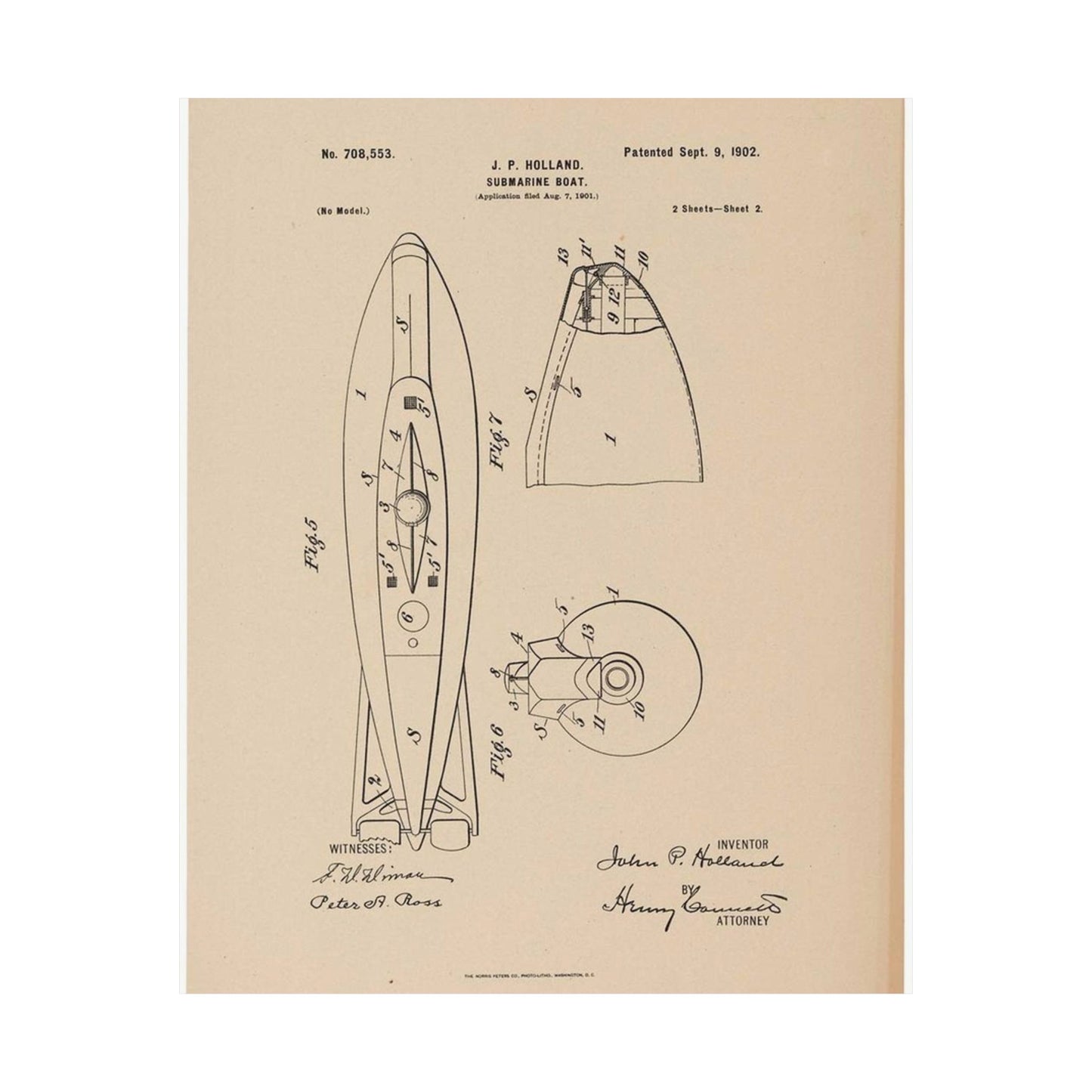 Patent drawing - Drawing for a Submarine Boat Public domain image High Quality Matte Wall Art Poster for Home, Office, Classroom
