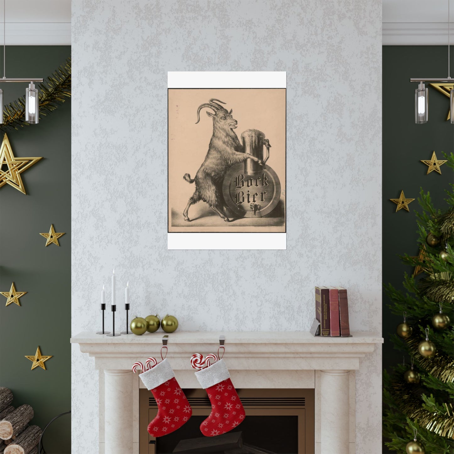 Bock Bier goat on hind legs, holding large mug of beer with front hooves High Quality Matte Wall Art Poster for Home, Office, Classroom