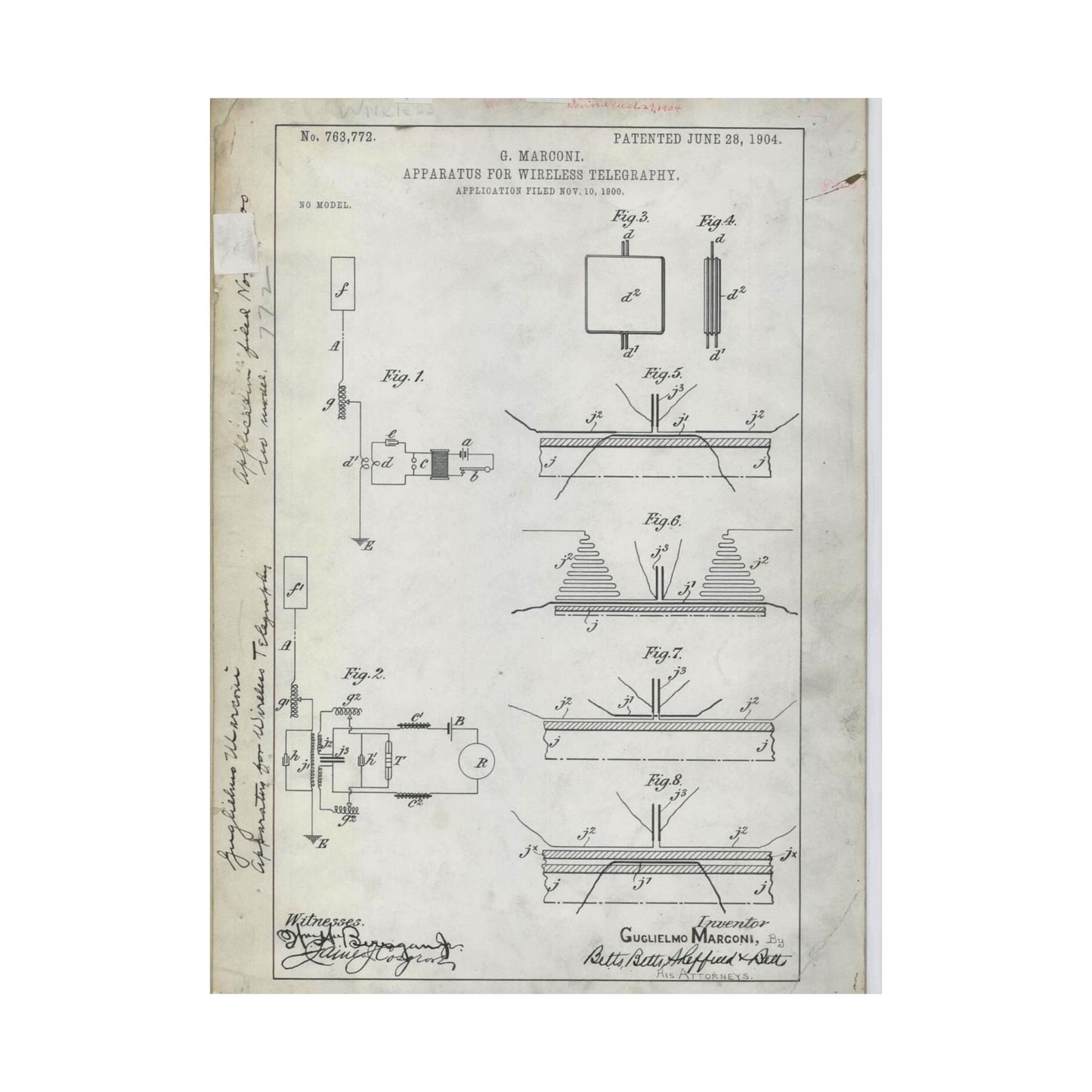 Patent drawing - for G. Marconi's Apparatus for Wireless Telegraphy Public domain image High Quality Matte Wall Art Poster for Home, Office, Classroom
