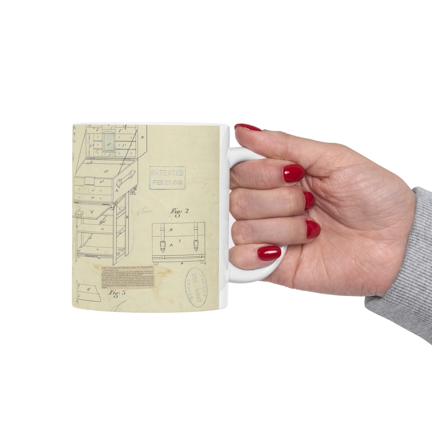 Patent Drawing of Engine - Drawing of a Travelers Trunk Public domain image Beautiful Novelty Ceramic Coffee Mug 11oz