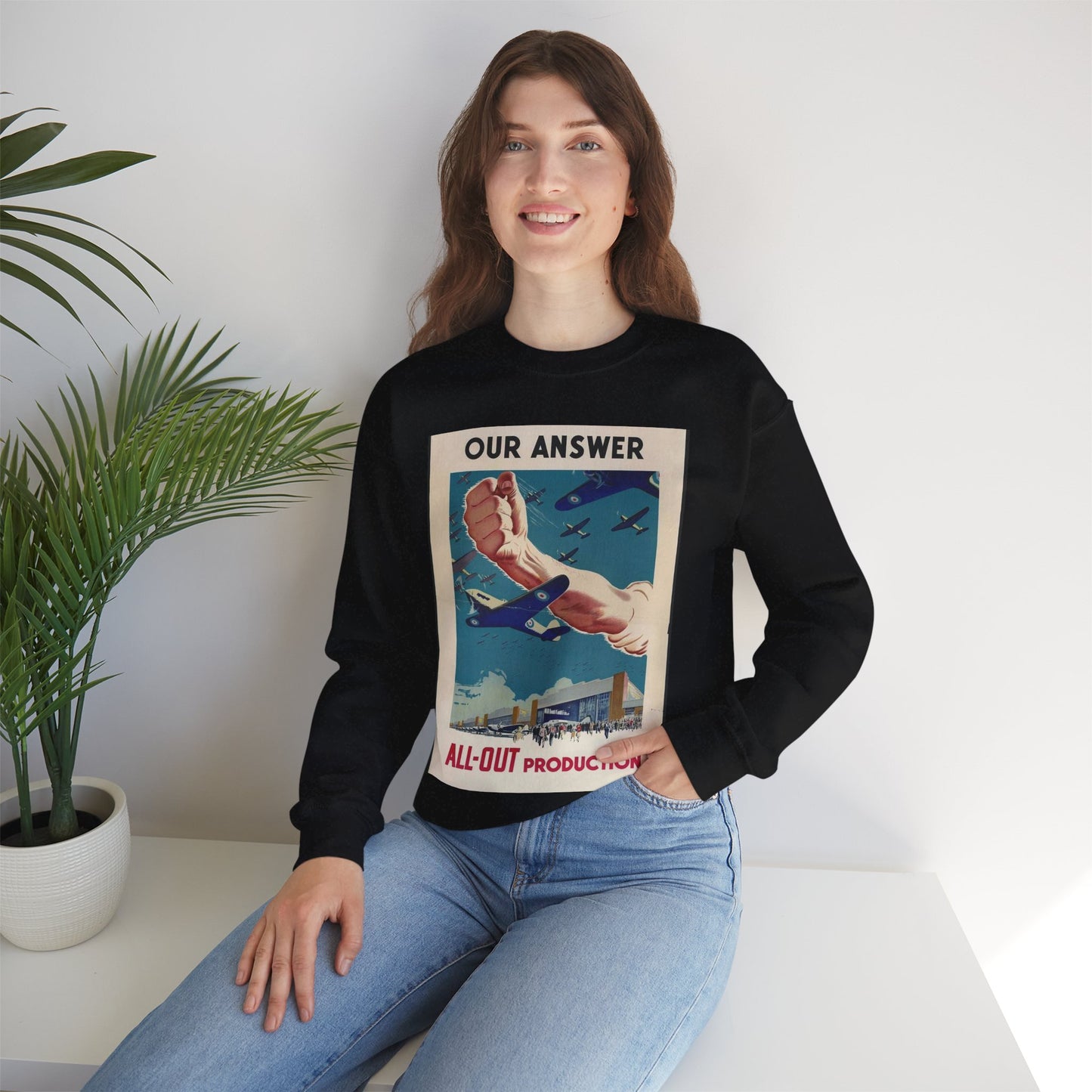 Our Answer All-Out Production, Canada, WWII Propaganda Poster Black Heavy Blend Adult Crew Neck SweatShirt