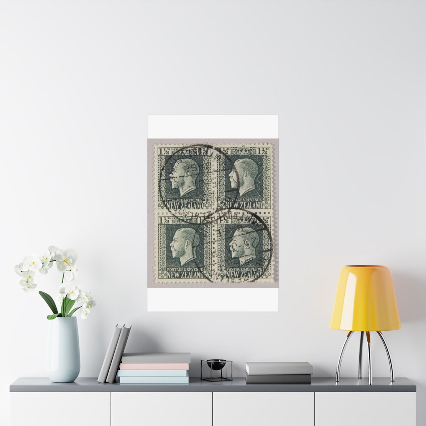 Block of one and a half penny 'King George V' definitive stamps in grey slate High Quality Matte Wall Art Poster for Home, Office, Classroom