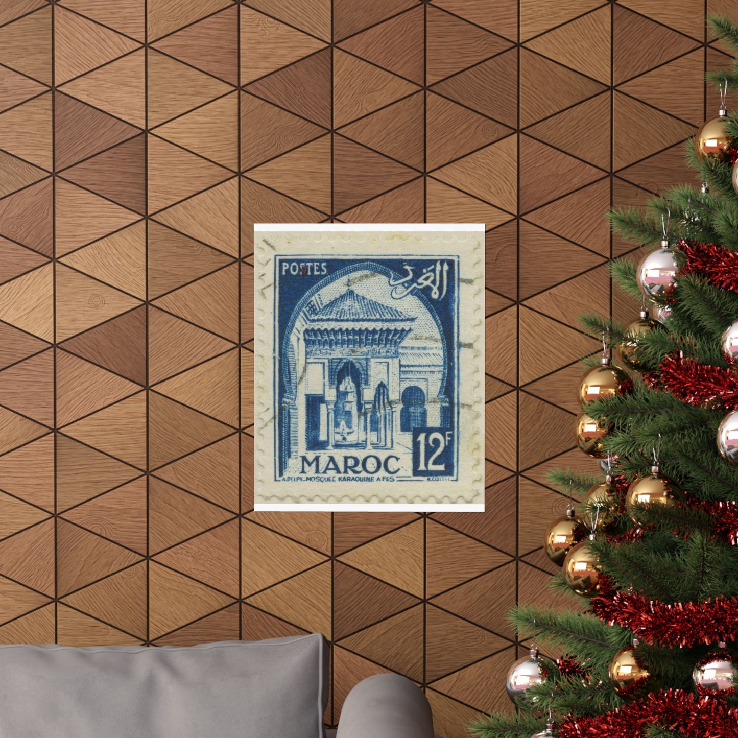 Frimärke ur Gösta Bodmans filatelistiska motivsamling, påbörjad 1950.Frimärke från Franska Marocko, 1951. Motiv av moskéen Karaouin. High Quality Matte Wall Art Poster for Home, Office, Classroom