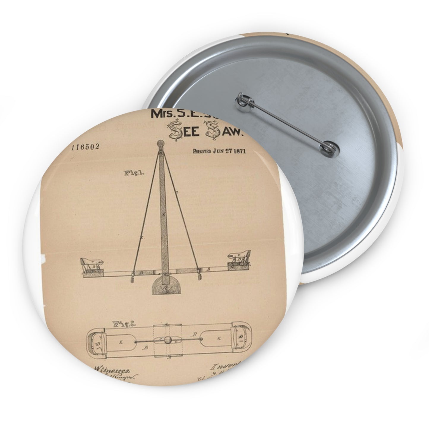 Patent drawing - for a See Saw Public domain image Pin Buttons with Crisp Design