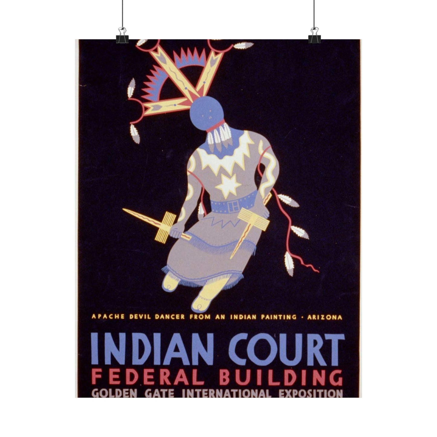 Indian court, Federal Building, Golden Gate International Exposition, San Francisco, 1939 Apache devil dancer from an Indian painting, Arizona / / Siegriest. High Quality Matte Wall Art Poster for Home, Office, Classroom