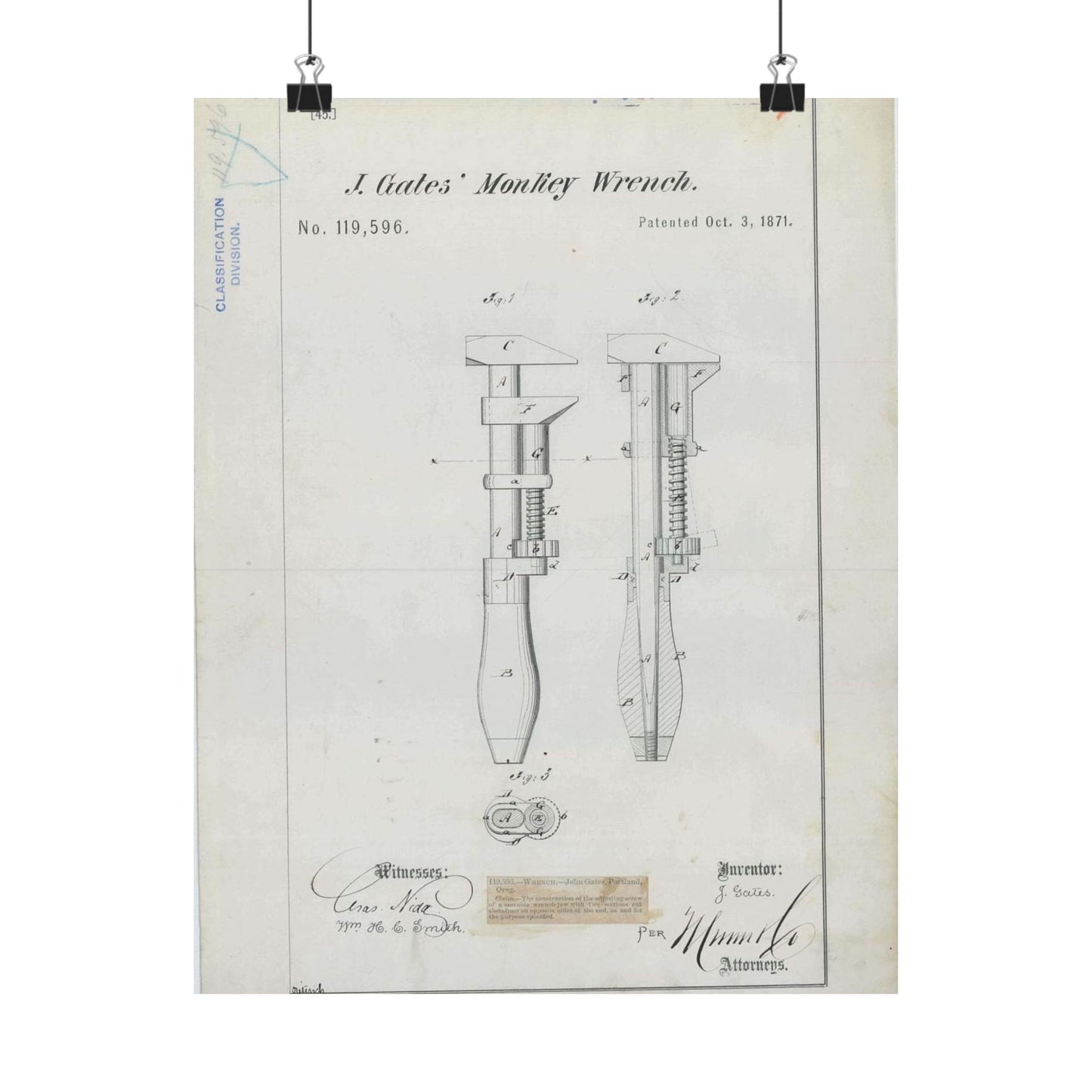 Patent Drawing of Engine - for J. Gates' Monkey Wrench Public domain image High Quality Matte Wall Art Poster for Home, Office, Classroom