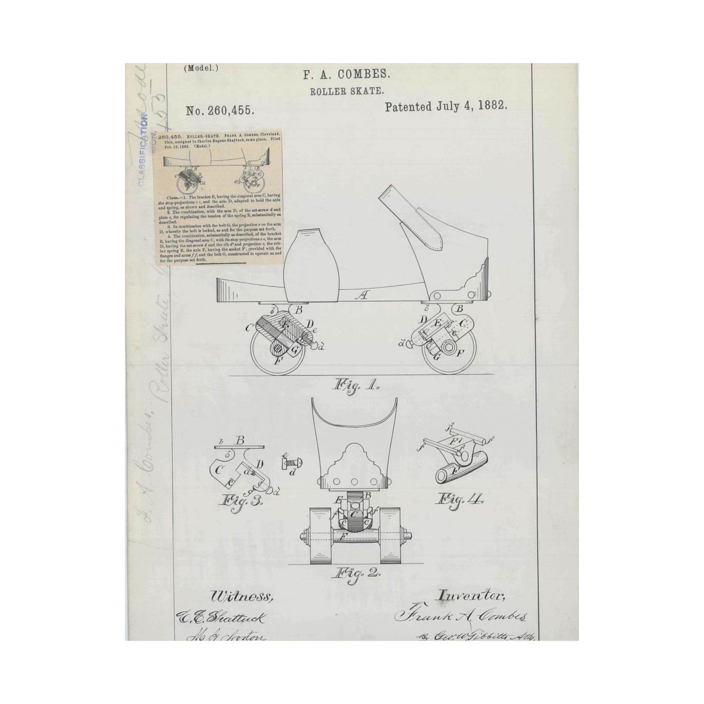 Patent drawing - for F. A. Combes' Roller Skate Public domain image High Quality Matte Wall Art Poster for Home, Office, Classroom