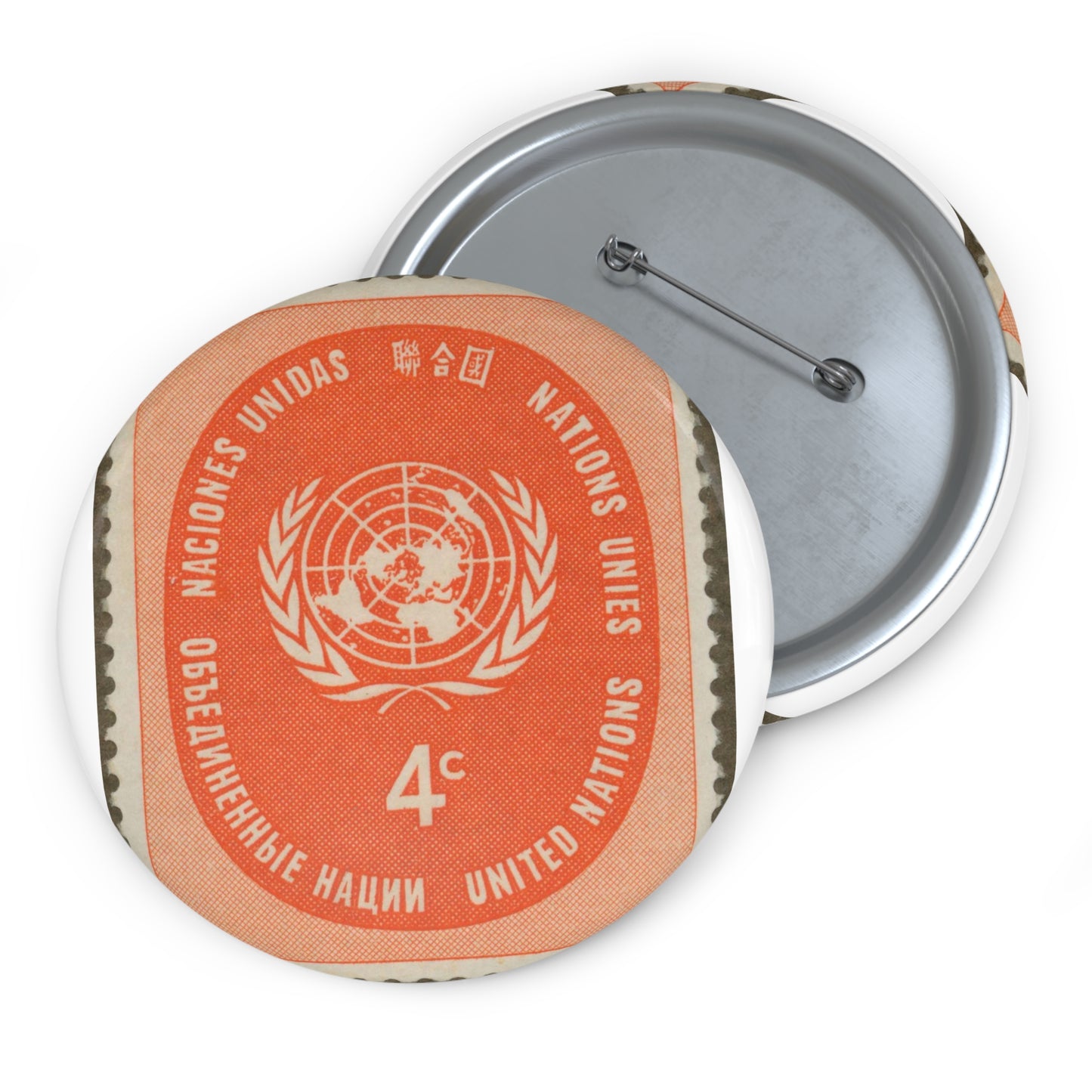 Frimärke ur Gösta Bodmans filatelistiska motivsamling, påbörjad 1950.Frimärke från Nations Unies 1958. Motiv av F. N.- märket. Pin Buttons with Crisp Design