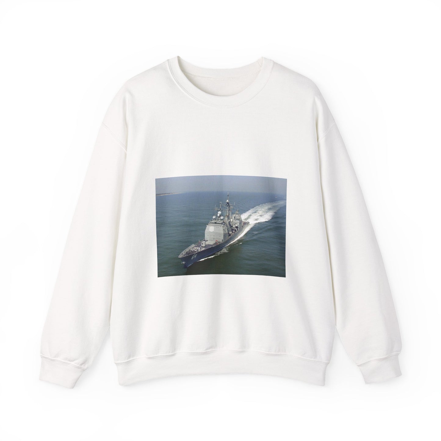 Aerial port bow view of the guided missile cruiser USS GETTYSBURG (CG 64) underway off Fort Story, Virginia White Heavy Blend Adult Crew Neck SweatShirt