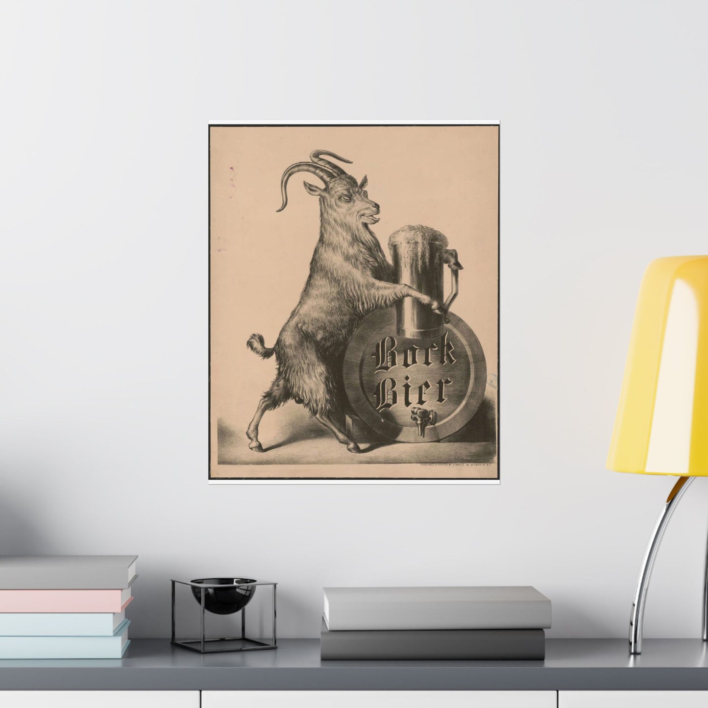Bock Bier goat on hind legs, holding large mug of beer with front hooves High Quality Matte Wall Art Poster for Home, Office, Classroom
