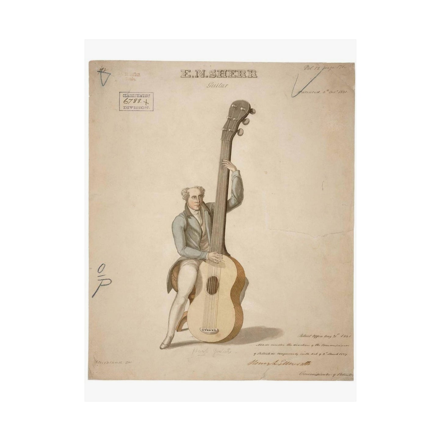 Patent drawing - Drawing of a Harp Guitar Public domain image High Quality Matte Wall Art Poster for Home, Office, Classroom