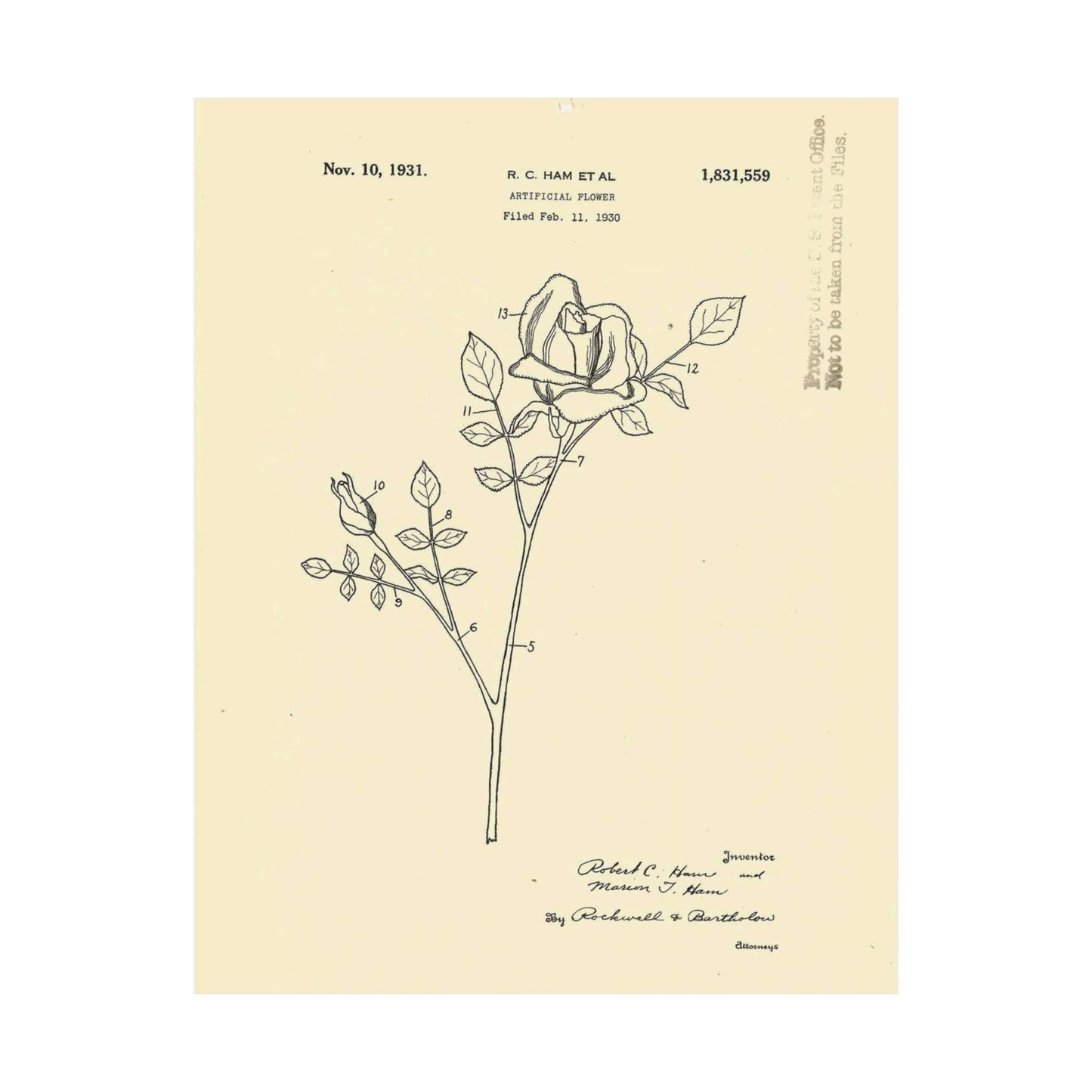 Patent Case File No. 1,831,559, Artificial Flower, Inventor(s)- Robert C. Ham and Marion T. Ham. - DPLA - 08745302078898b8870d70b04cb216a9 (page 5) High Quality Matte Wall Art Poster for Home, Office, Classroom