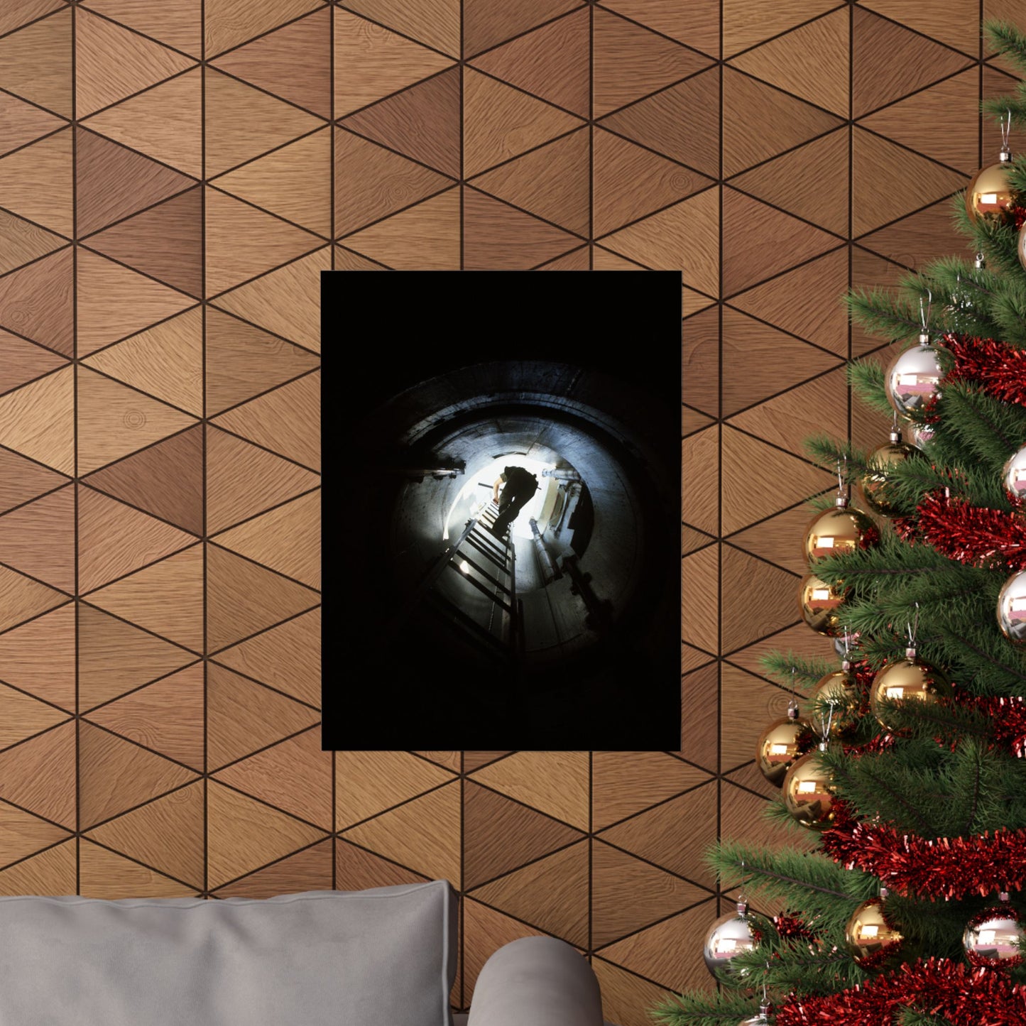 A 44th Field Missile Maintenance Squadron maintenance technician climbs down a ladder into a Minuteman missile support facility High Quality Matte Wall Art Poster for Home, Office, Classroom