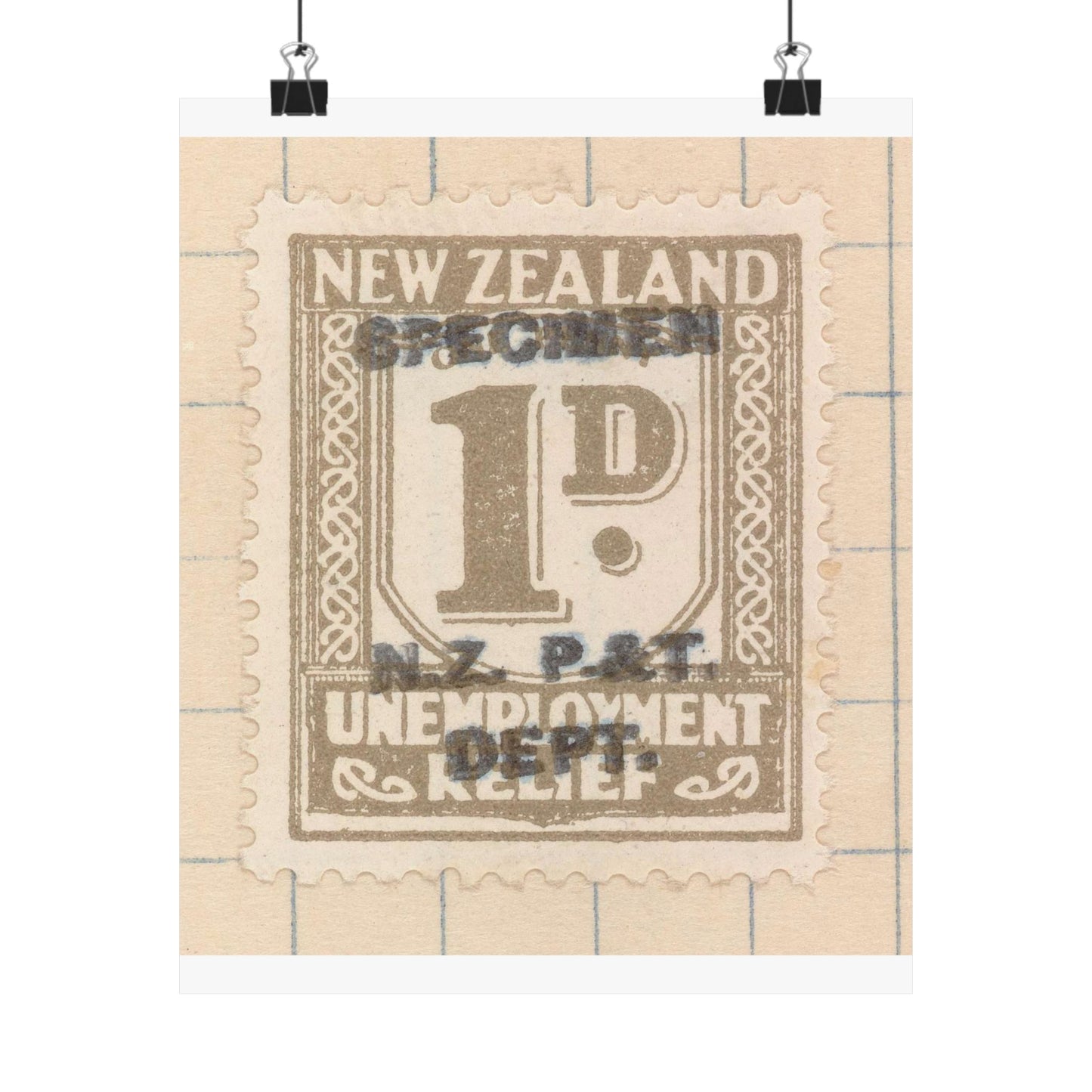 One penny Unemployment Relief stamp overprinted 'Specimen' High Quality Matte Wall Art Poster for Home, Office, Classroom