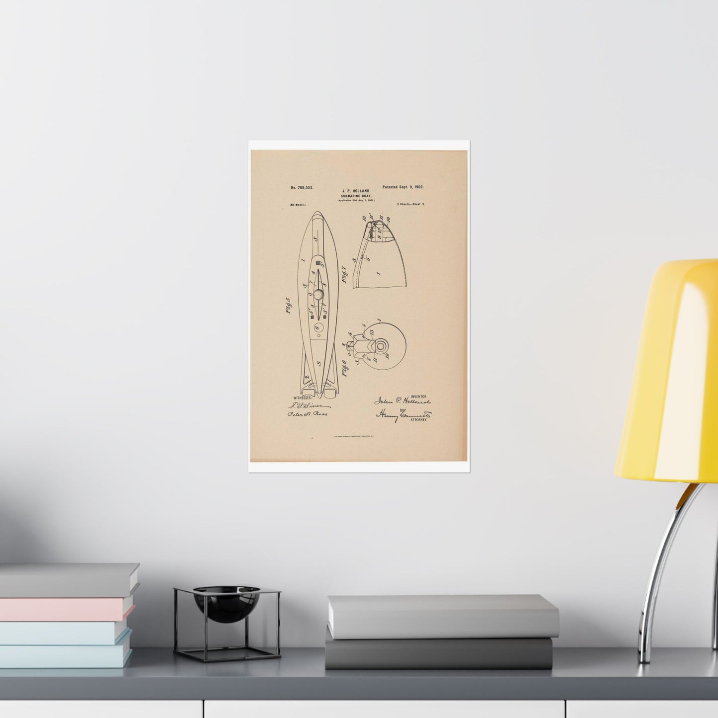 Patent drawing - Drawing for a Submarine Boat Public domain image High Quality Matte Wall Art Poster for Home, Office, Classroom