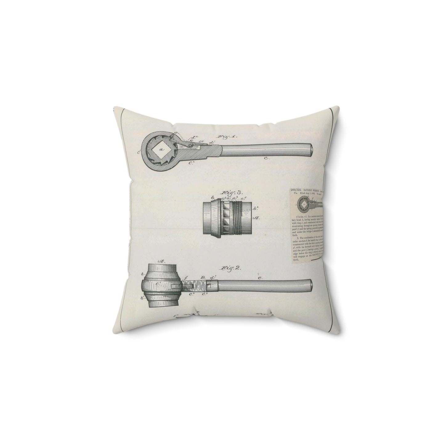 Patent Drawing of Engine - for J. B. Halbert's Ratchet Wrench Public domain image Decorative Accent Square Pillow