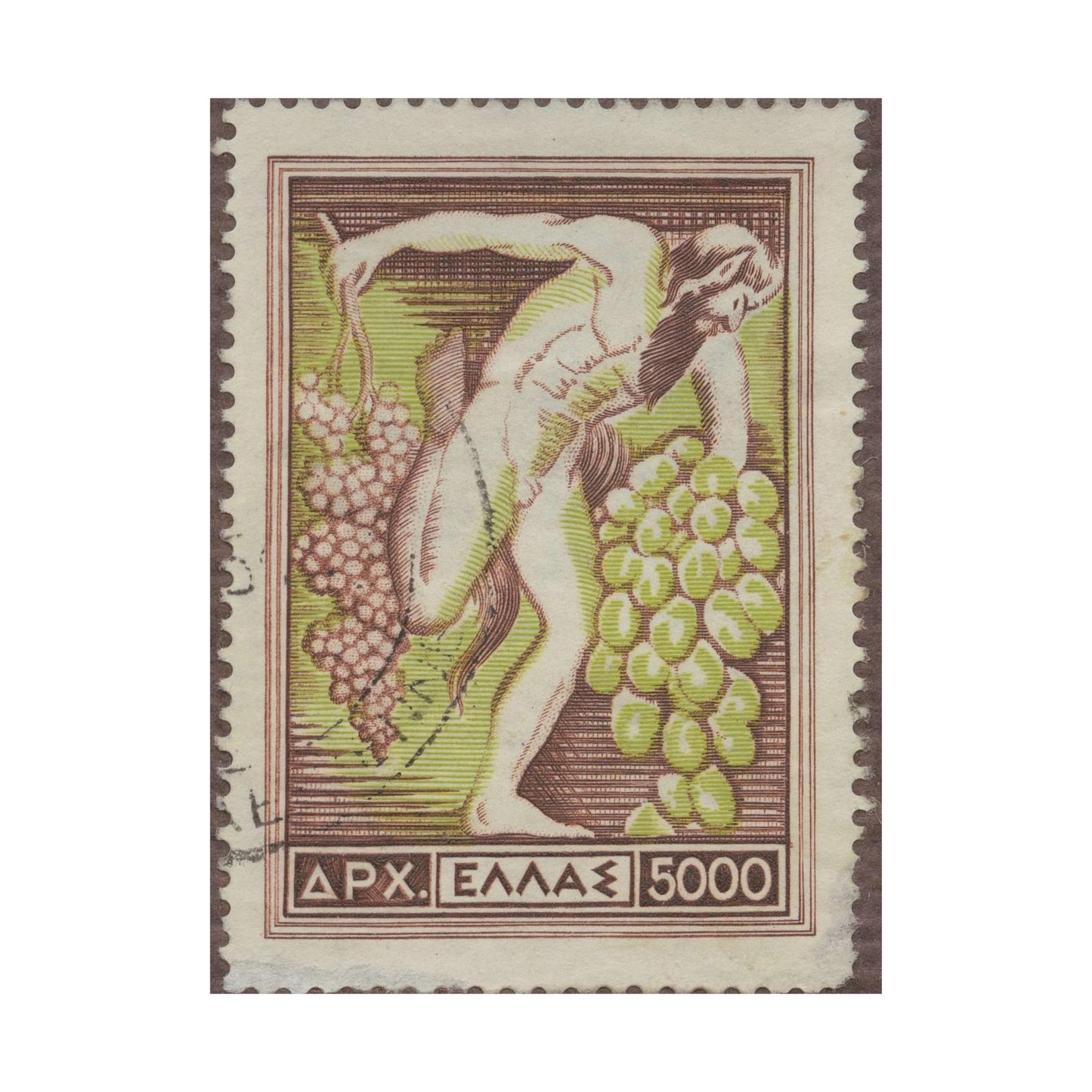 Frimärke ur Gösta Bodmans filatelistiska motivsamling, påbörjad 1950.Frimärke från Grekland, 1953. Motiv av Bacchus med vindruvsklasar. High Quality Matte Wall Art Poster for Home, Office, Classroom